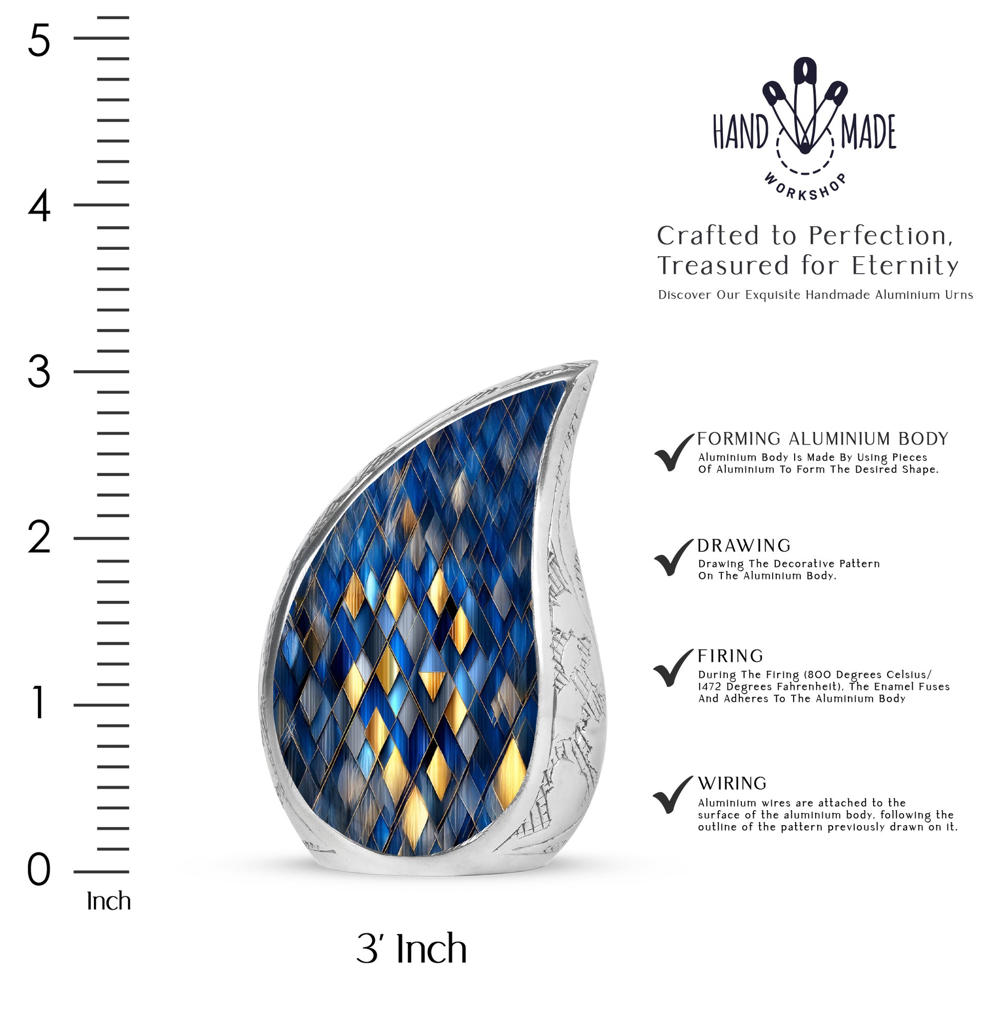 Twilight Blue Blue Cremation Urn angled view of lid and engraved motif - graceful tear-shaped urn with blue motif - mini keepsake memorial for portion of cremation ashes