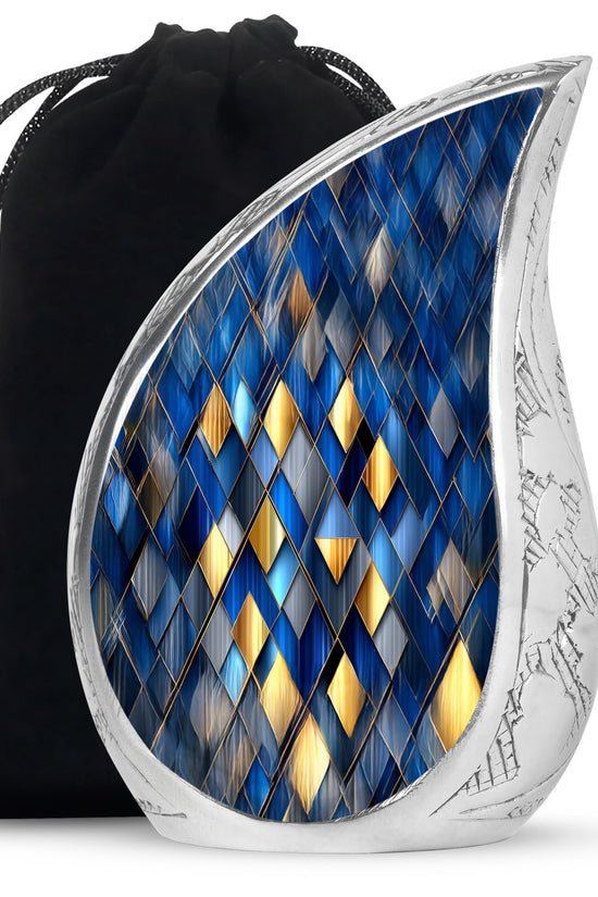 Twilight Blue Blue Cremation Urn front view showing detailed design - graceful tear-shaped urn with blue motif - full-size 10 inch 200 cubic inch adult cremation urn