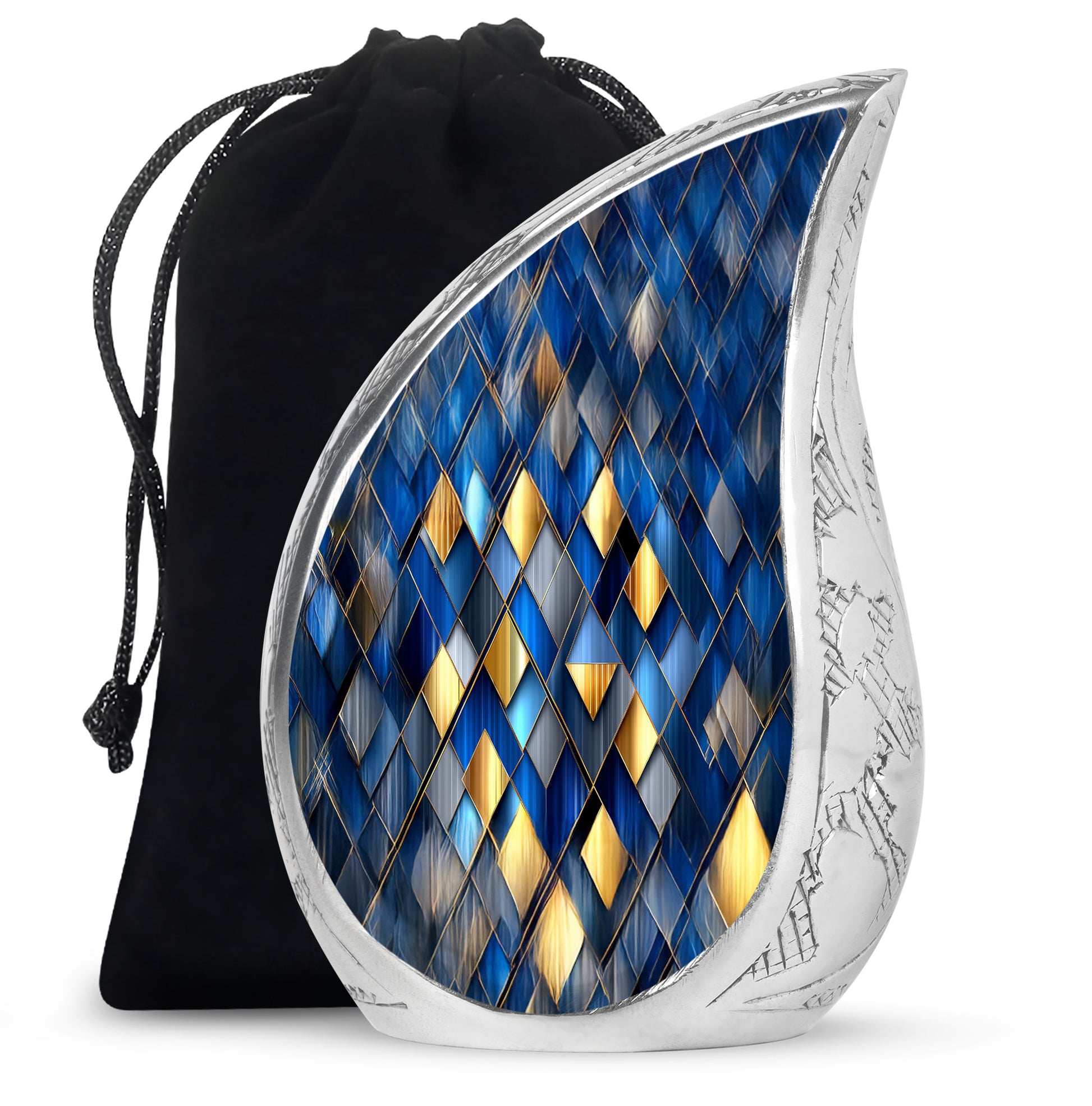 Twilight Blue Blue Cremation Urn front view showing detailed design - graceful tear-shaped urn with blue motif - full-size 10 inch 200 cubic inch adult cremation urn