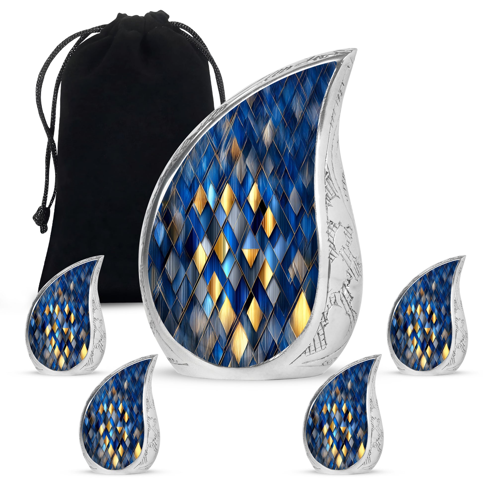 Icy Blue Blue Cremation Urn side profile showing urn shape - flowing teardrop blue silhouette on curved aluminum - memorial set with one large and four small urns