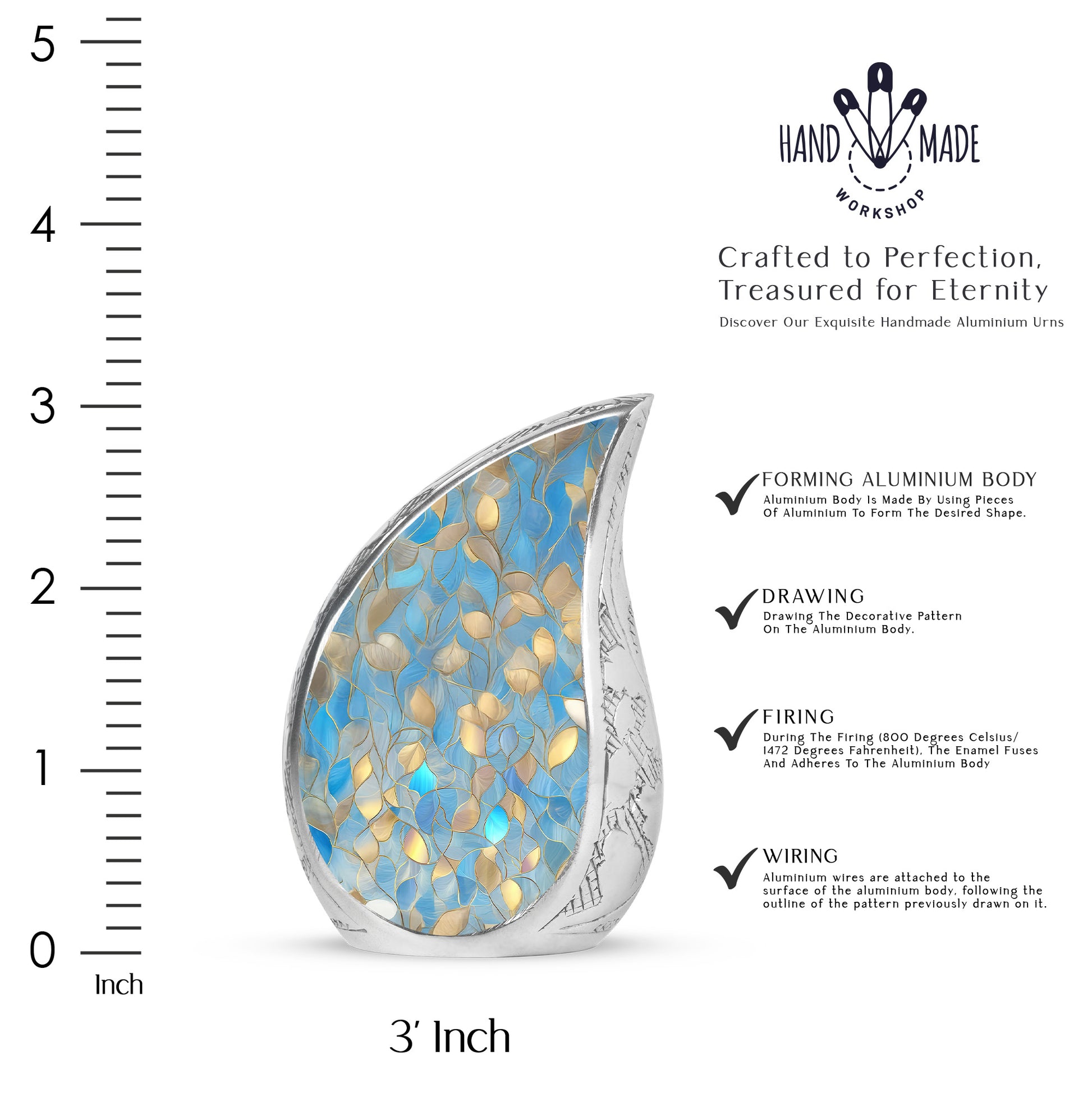 Calming Blue Blue Cremation Urn angled view of lid and engraved motif - smooth teardrop contour featuring blue art - mini keepsake memorial for portion of cremation ashes