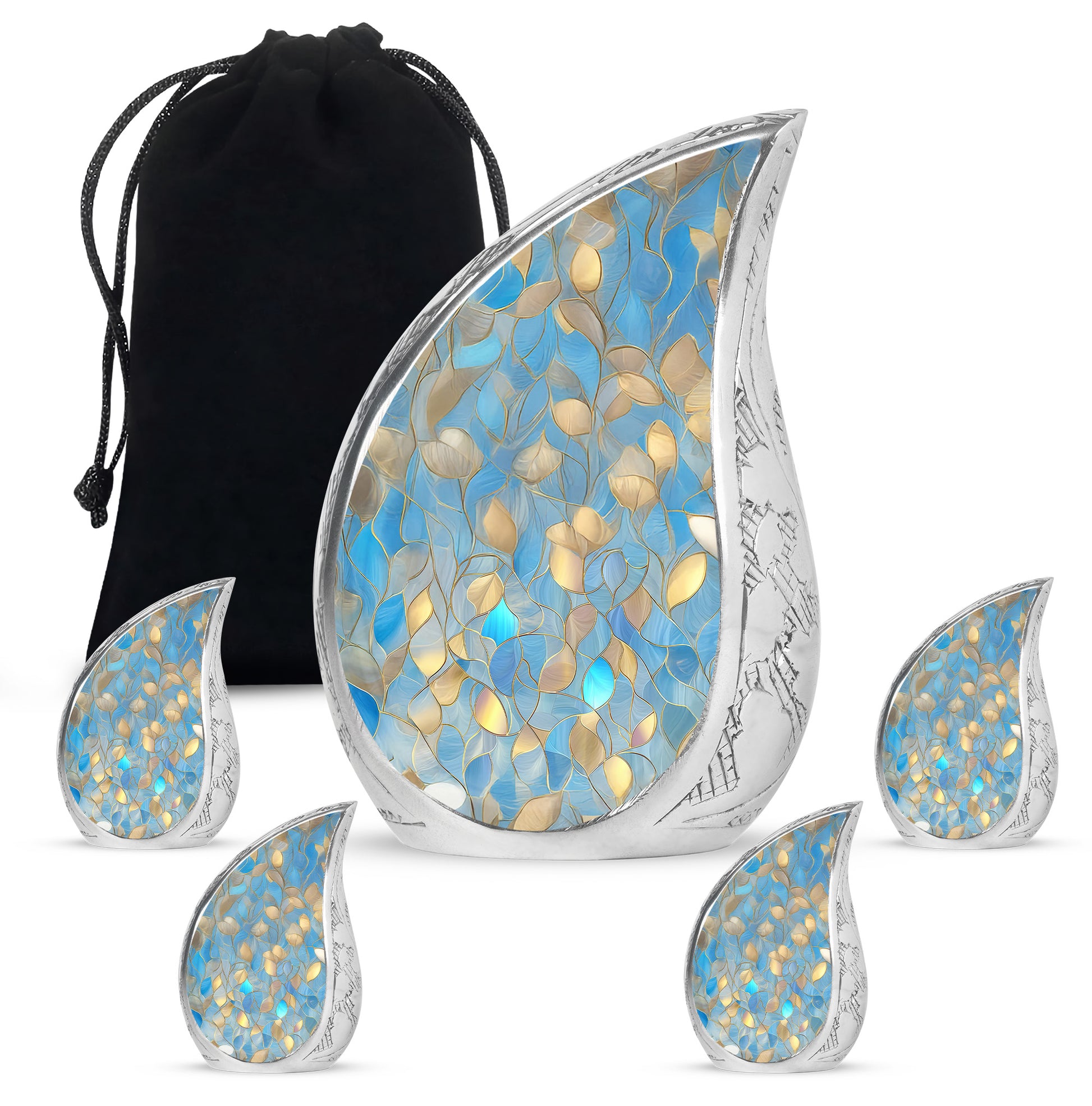 Dusty Blue Blue Cremation Urn side profile showing urn shape - rounded teardrop blue design with delicate detail - memorial set with one large and four small urns