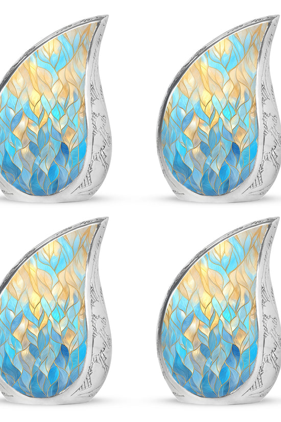 Steel Blue Blue Cremation Urn close-up of engraving and surface detail - graceful tear-shaped urn with blue motif - 10 inch aluminum urn for cremated remains