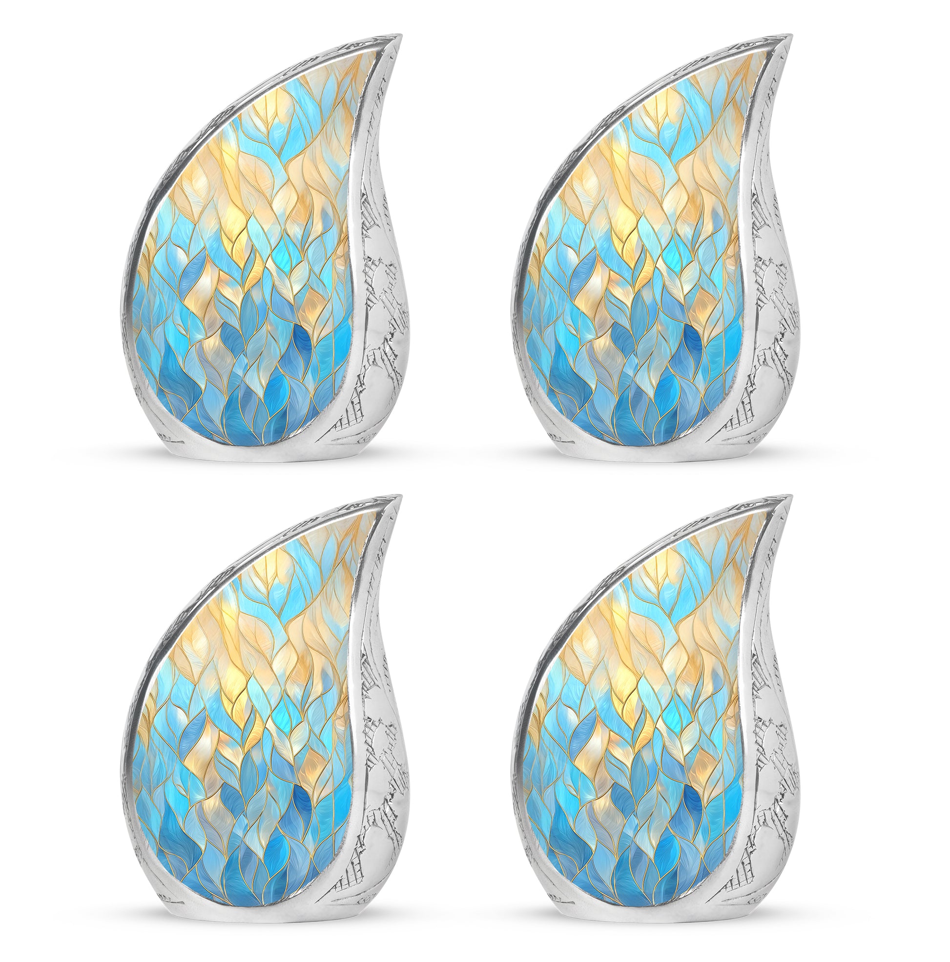 Steel Blue Blue Cremation Urn close-up of engraving and surface detail - graceful tear-shaped urn with blue motif - 10 inch aluminum urn for cremated remains