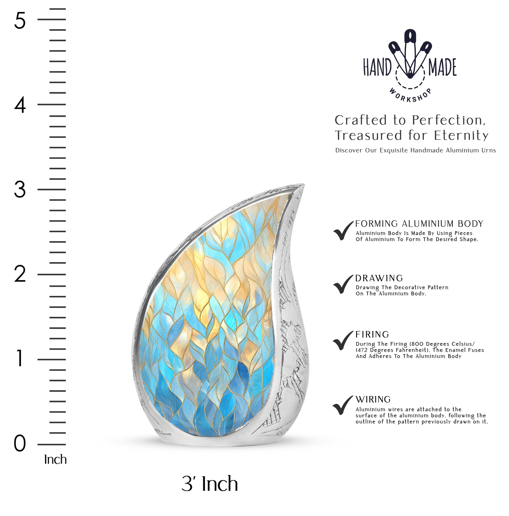 Sky Blue Blue Cremation Urn angled view of lid and engraved motif - rounded teardrop blue design with delicate detail - mini keepsake memorial for portion of cremation ashes