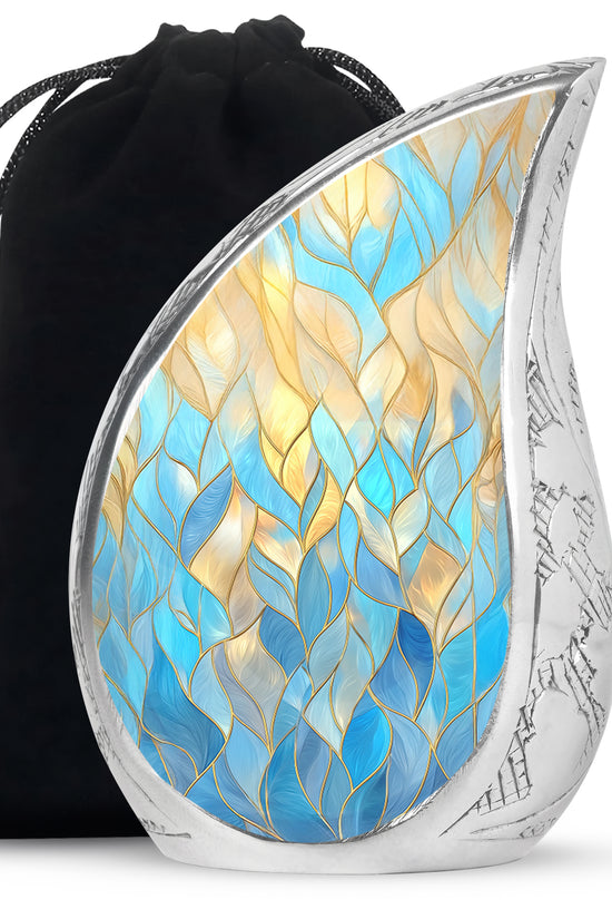 Cornflower Blue Blue Cremation Urn front view showing detailed design - smooth teardrop contour featuring blue art - full-size 10 inch 200 cubic inch adult cremation urn