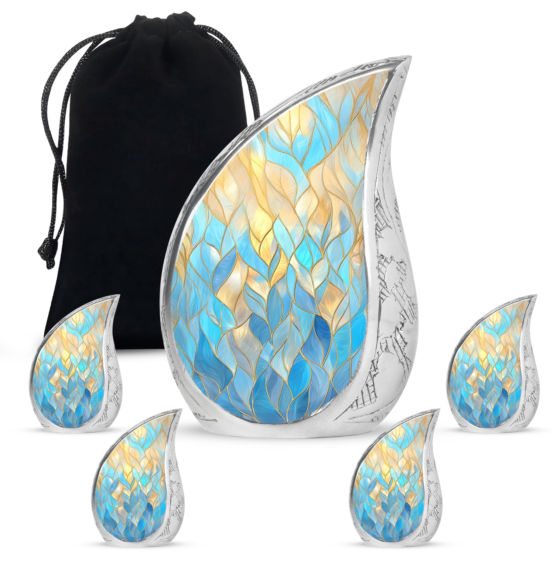 Vivid Blue Blue Cremation Urn side profile showing urn shape - smooth teardrop contour featuring blue art - memorial set with one large and four small urns