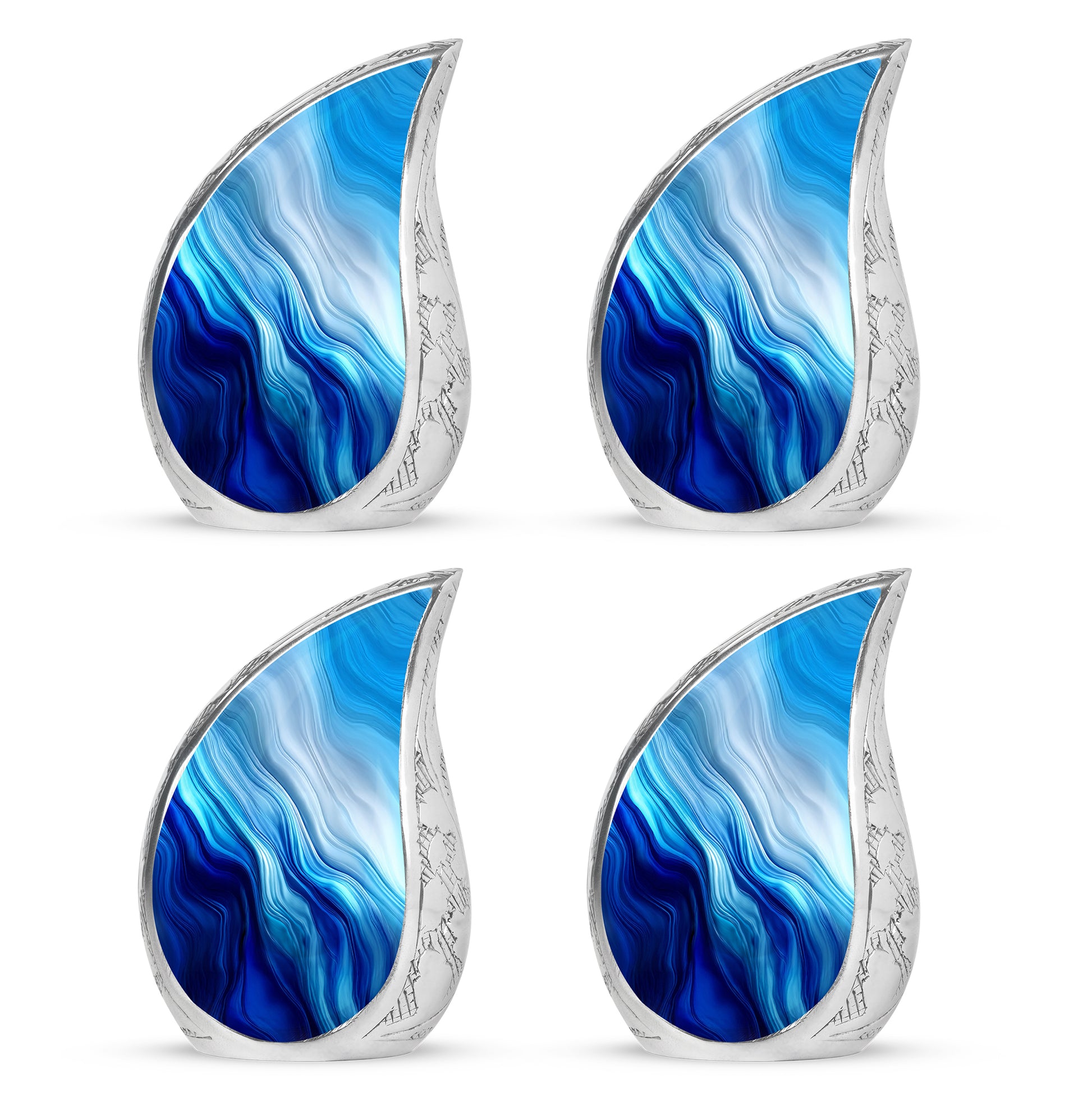 Misty Blue Blue Cremation Urn close-up of engraving and surface detail - flowing teardrop blue silhouette on curved aluminum - 10 inch aluminum urn for cremated remains