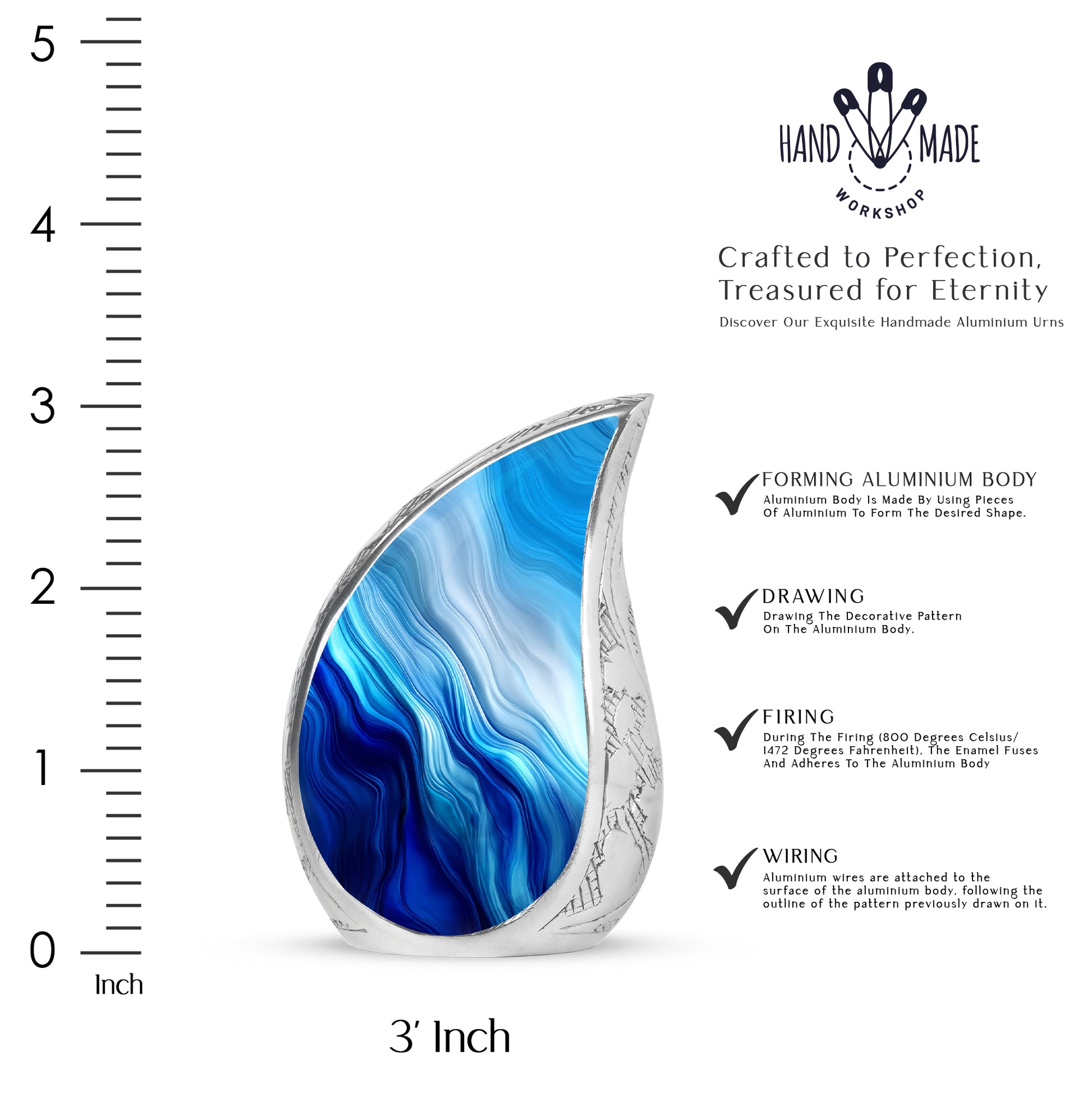 Misty Blue Blue Cremation Urn angled view of lid and engraved motif - rounded teardrop blue design with delicate detail - mini keepsake memorial for portion of cremation ashes