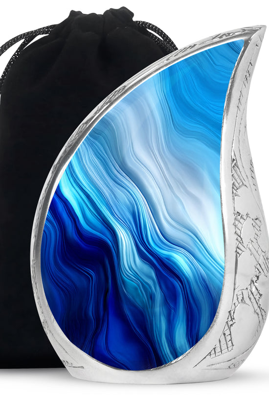 Sapphire Blue Blue Cremation Urn front view showing detailed design - graceful tear-shaped urn with blue motif - full-size 10 inch 200 cubic inch adult cremation urn