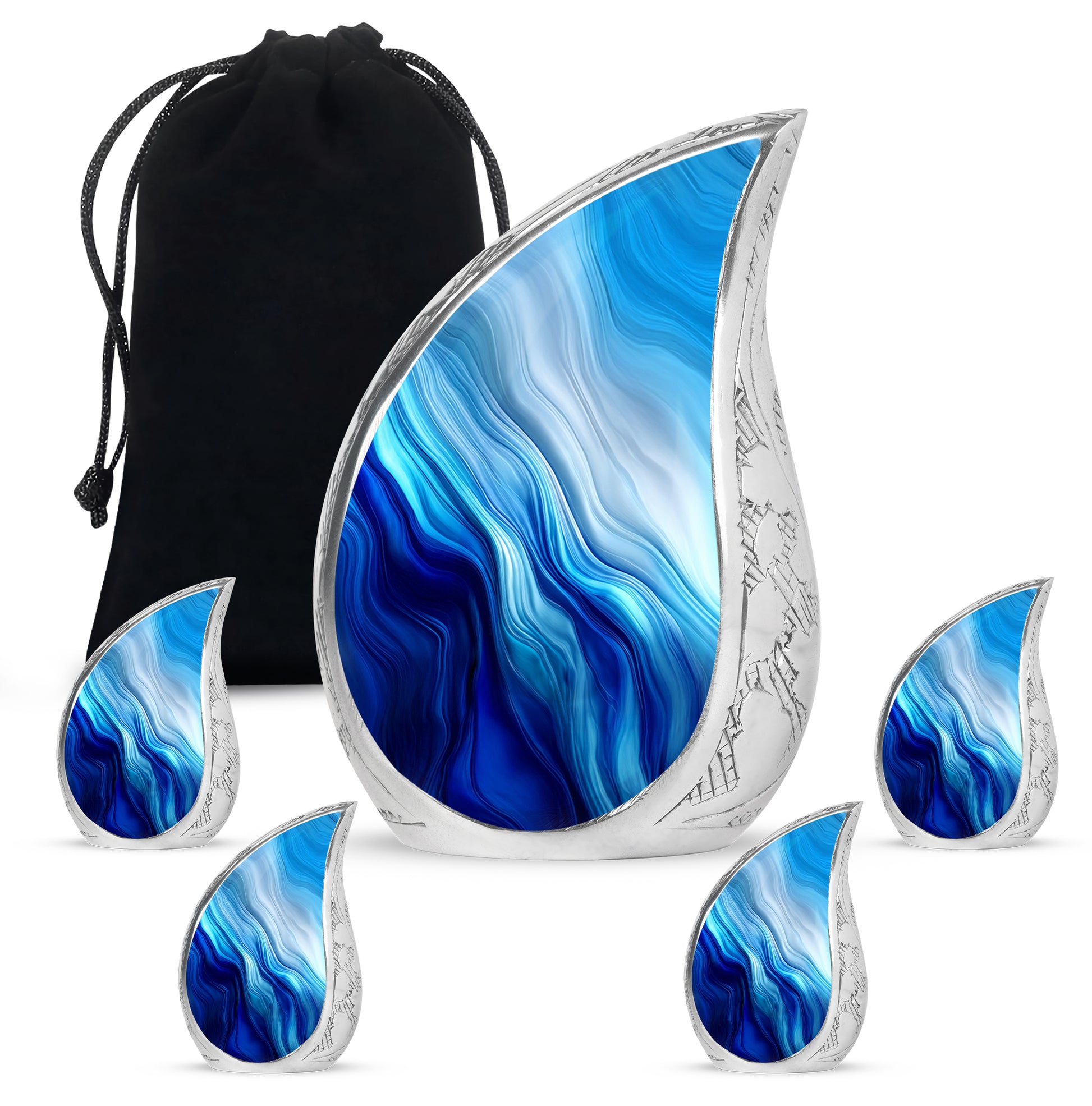 Soft Blue Blue Cremation Urn side profile showing urn shape - smooth teardrop contour featuring blue art - memorial set with one large and four small urns