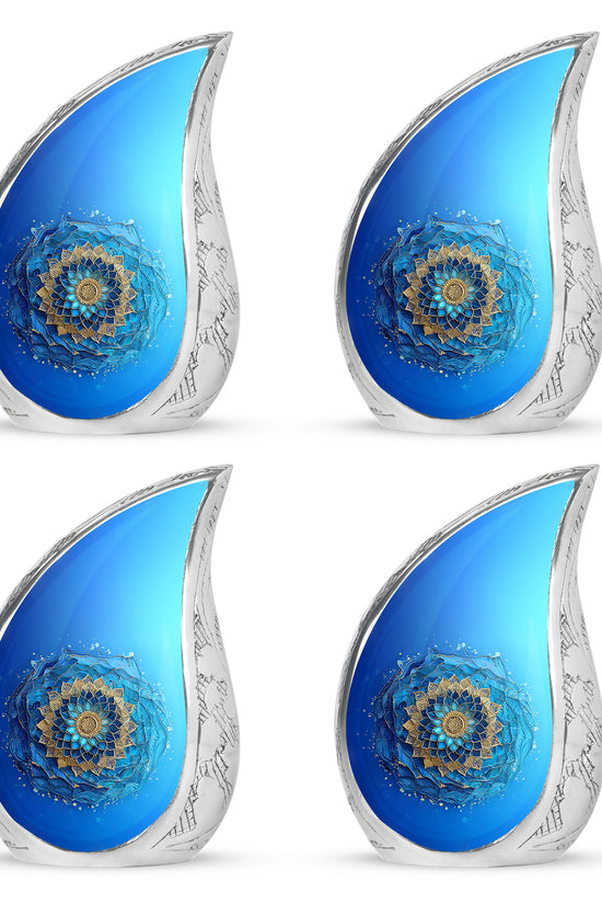 Cool Teal Blue Cremation Urn close-up of engraving and surface detail - rounded teardrop blue design with delicate detail - 10 inch aluminum urn for cremated remains