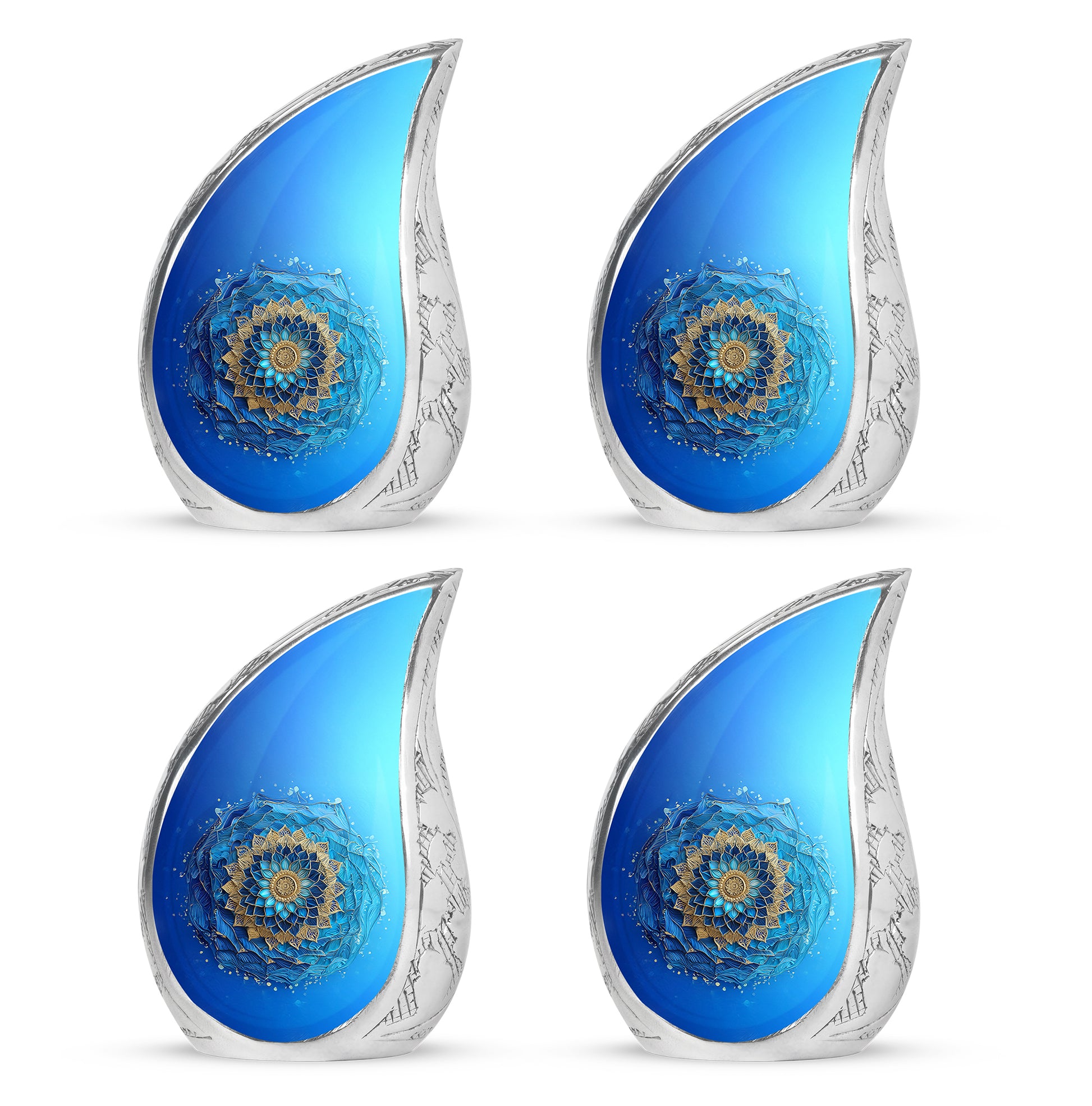 Cool Teal Blue Cremation Urn close-up of engraving and surface detail - rounded teardrop blue design with delicate detail - 10 inch aluminum urn for cremated remains