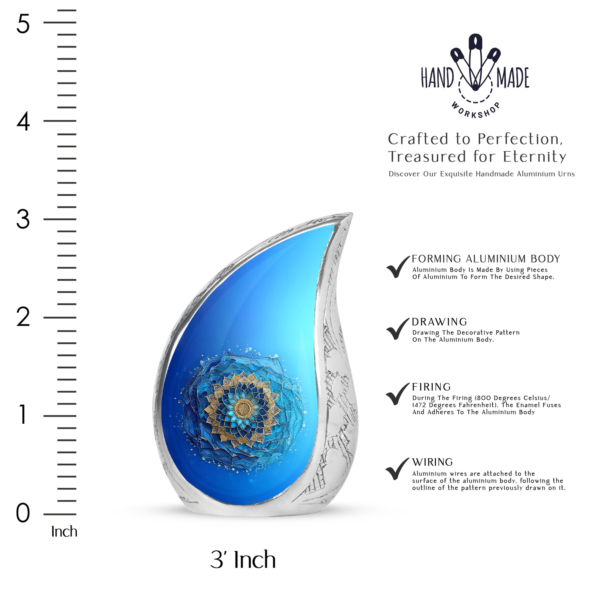 Mystic Teal Blue Cremation Urn angled view of lid and engraved motif - graceful tear-shaped urn with blue motif - mini keepsake memorial for portion of cremation ashes