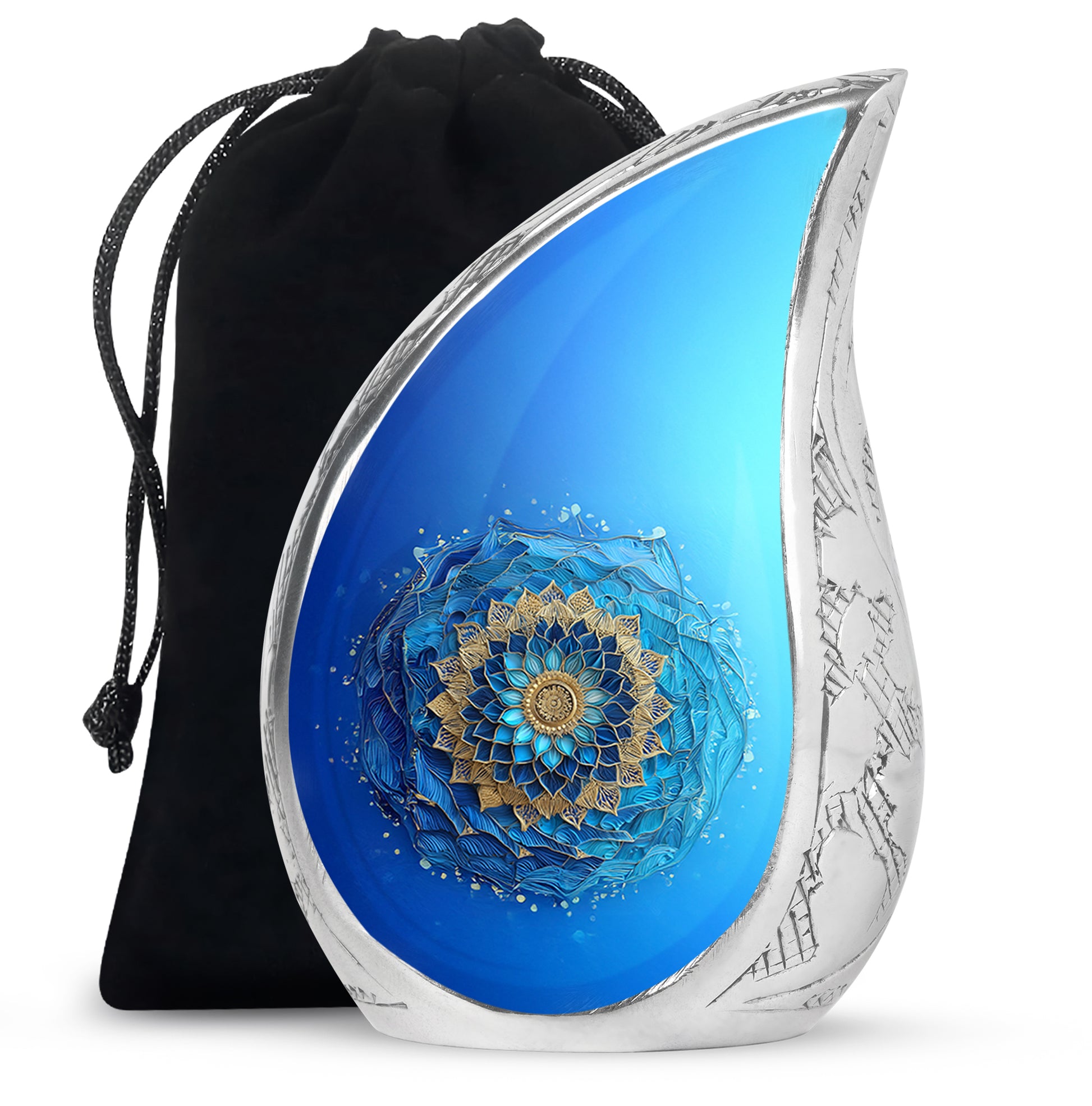 Ocean Teal Blue Cremation Urn front view showing detailed design - flowing teardrop blue silhouette on curved aluminum - full-size 10 inch 200 cubic inch adult cremation urn