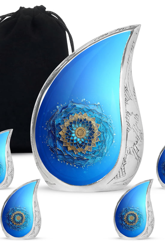 Cool Teal Blue Cremation Urn side profile showing urn shape - rounded teardrop blue design with delicate detail - memorial set with one large and four small urns