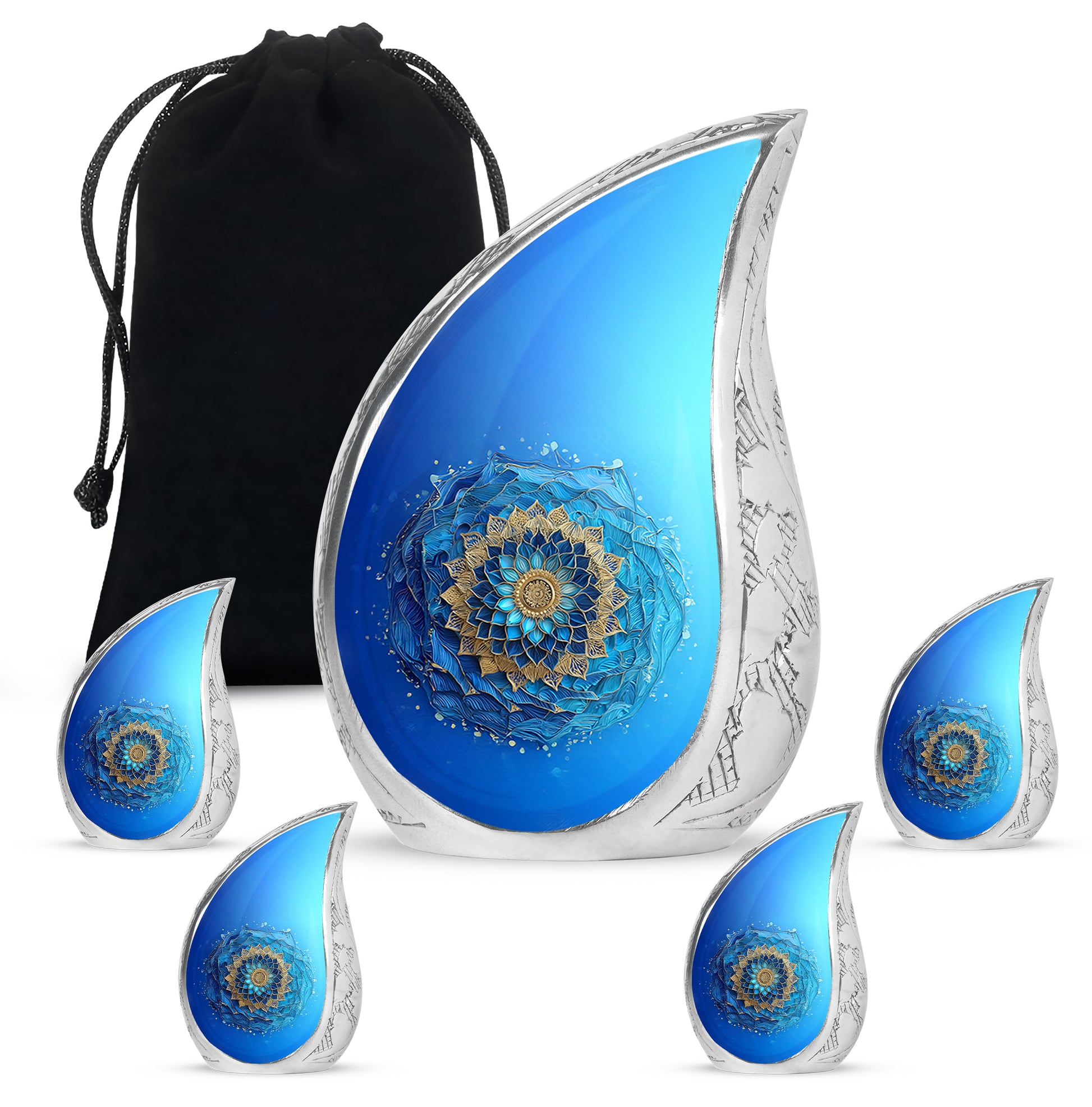 Cool Teal Blue Cremation Urn side profile showing urn shape - rounded teardrop blue design with delicate detail - memorial set with one large and four small urns