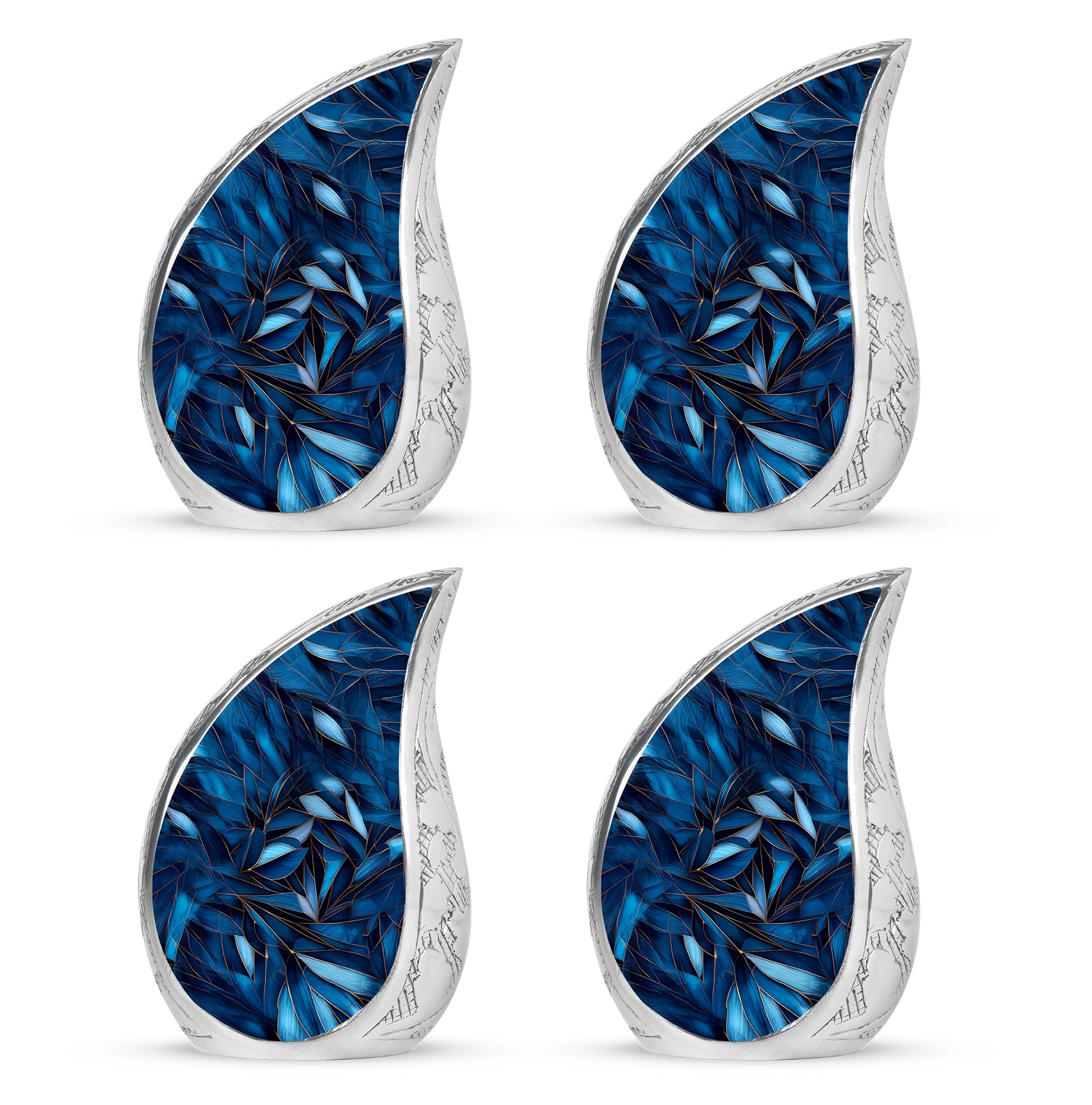 Powder Blue Blue Cremation Urn close-up of engraving and surface detail - rounded teardrop blue design with delicate detail - 10 inch aluminum urn for cremated remains