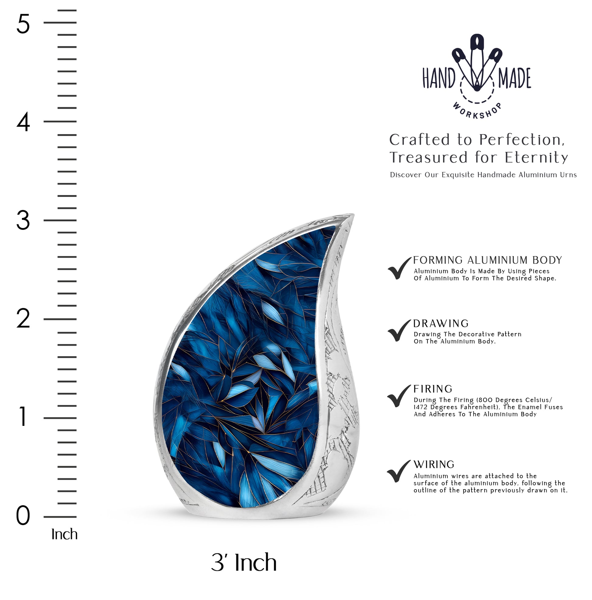 Celestial Blue Blue Cremation Urn angled view of lid and engraved motif - flowing teardrop blue silhouette on curved aluminum - mini keepsake memorial for portion of cremation ashes