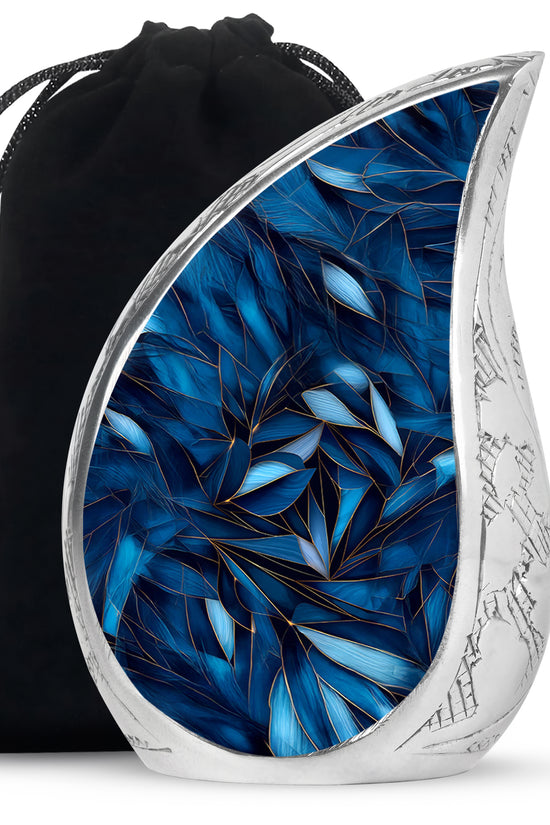 Sapphire Blue Blue Cremation Urn front view showing detailed design - smooth teardrop contour featuring blue art - full-size 10 inch 200 cubic inch adult cremation urn