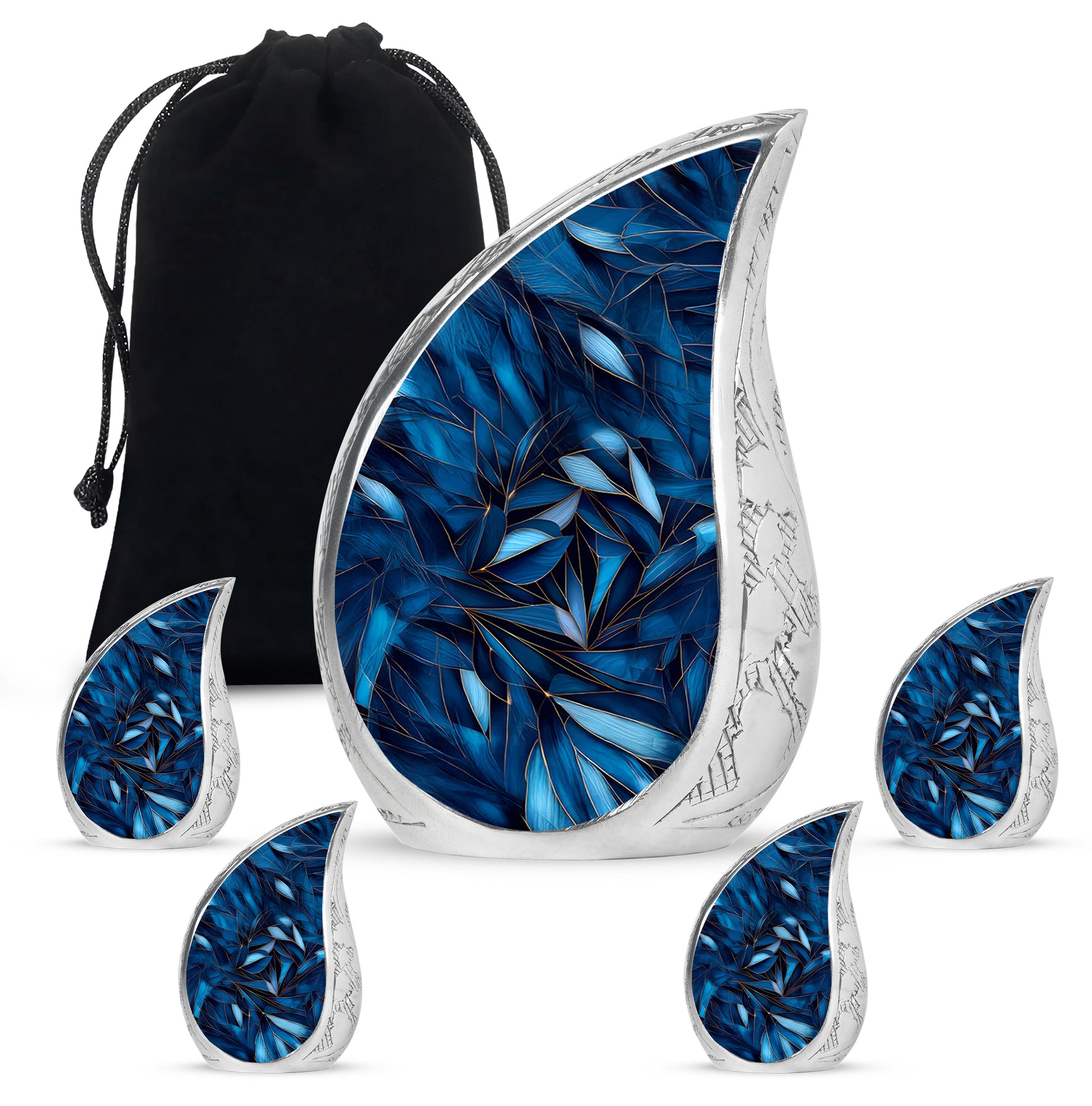 Icy Blue Blue Cremation Urn side profile showing urn shape - flowing teardrop blue silhouette on curved aluminum - memorial set with one large and four small urns