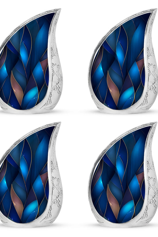 Navy Blue Blue Cremation Urn close-up of engraving and surface detail - rounded teardrop blue design with delicate detail - 10 inch aluminum urn for cremated remains