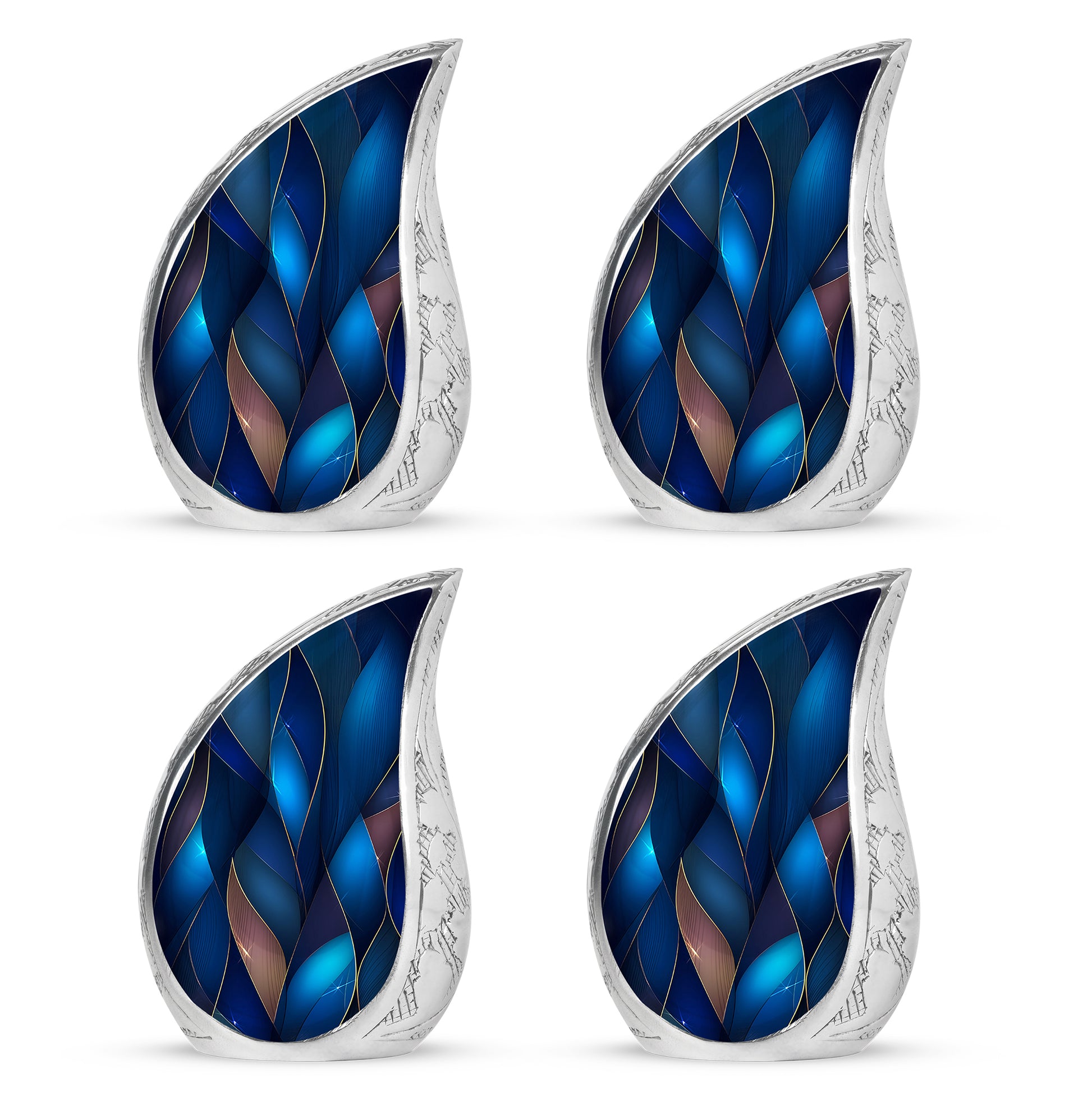 Navy Blue Blue Cremation Urn close-up of engraving and surface detail - rounded teardrop blue design with delicate detail - 10 inch aluminum urn for cremated remains