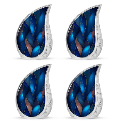 Navy Blue Blue Cremation Urn close-up of engraving and surface detail - rounded teardrop blue design with delicate detail - 10 inch aluminum urn for cremated remains