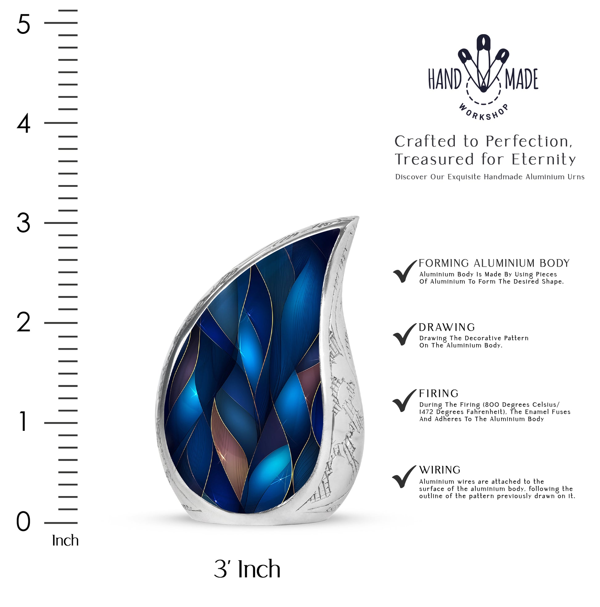 Bright Blue Blue Cremation Urn angled view of lid and engraved motif - smooth teardrop contour featuring blue art - mini keepsake memorial for portion of cremation ashes