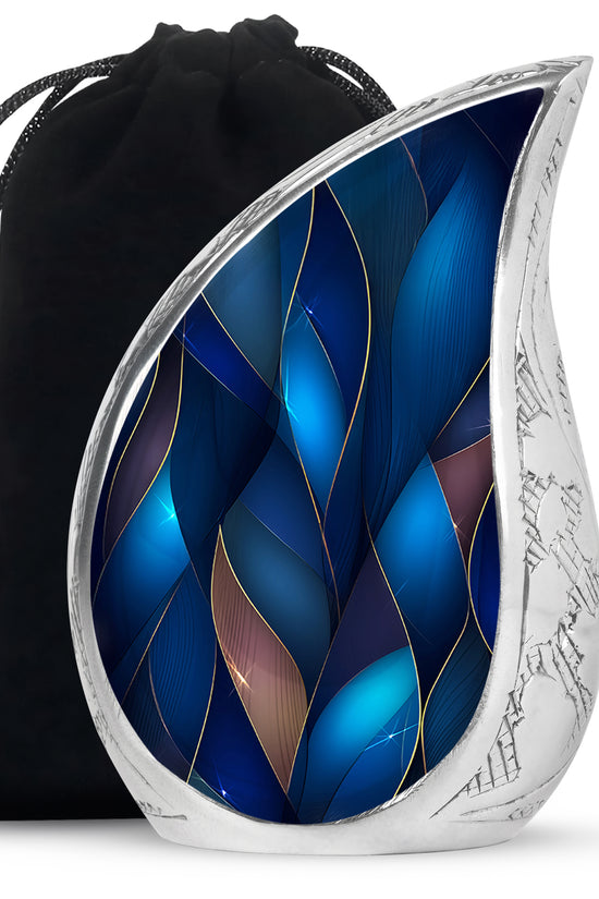 Icy Blue Blue Cremation Urn front view showing detailed design - rounded teardrop blue design with delicate detail - full-size 10 inch 200 cubic inch adult cremation urn