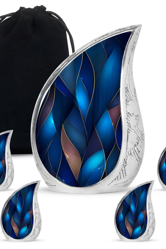 Royal Blue Blue Cremation Urn side profile showing urn shape - smooth teardrop contour featuring blue art - memorial set with one large and four small urns