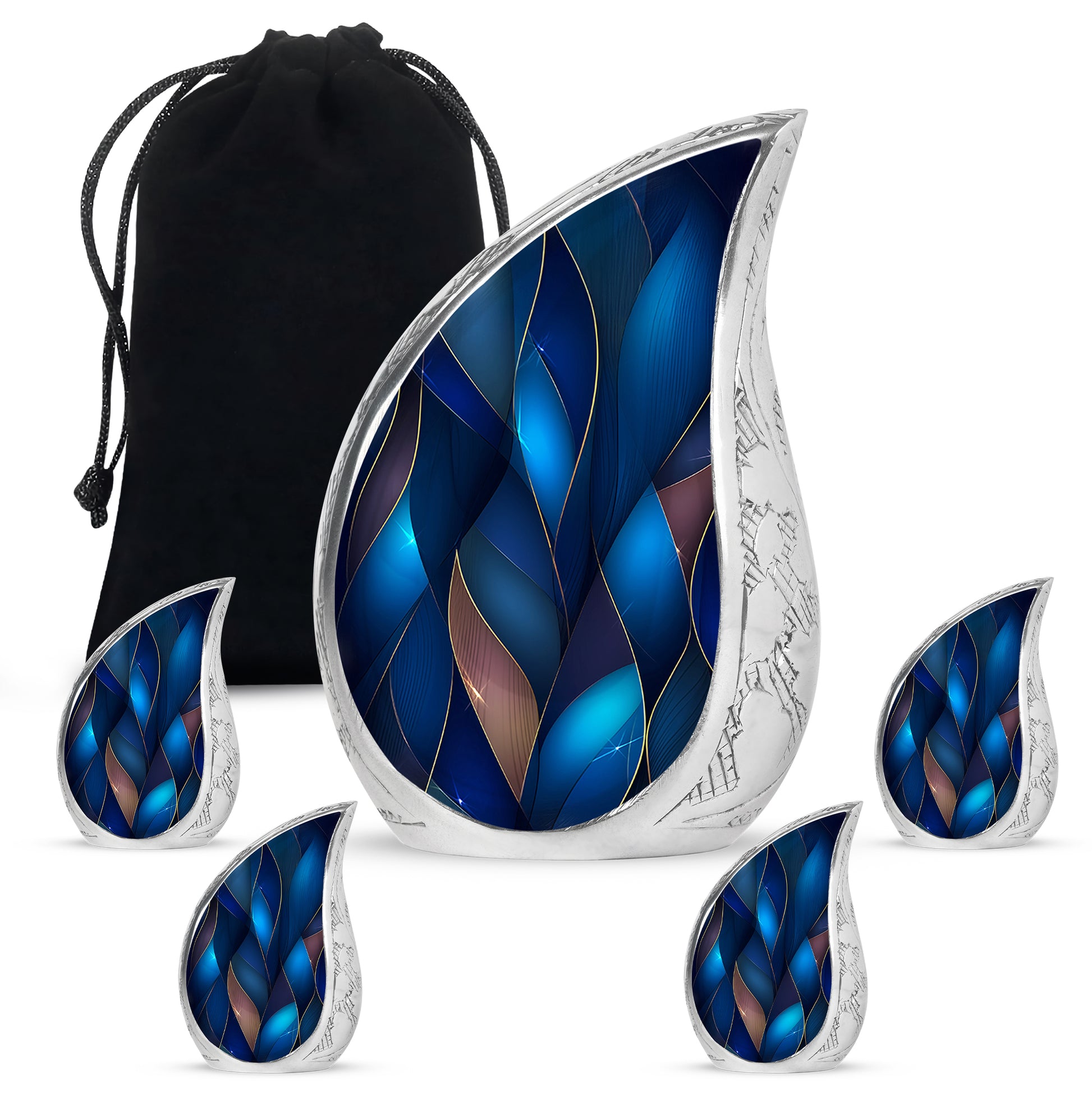 Royal Blue Blue Cremation Urn side profile showing urn shape - smooth teardrop contour featuring blue art - memorial set with one large and four small urns