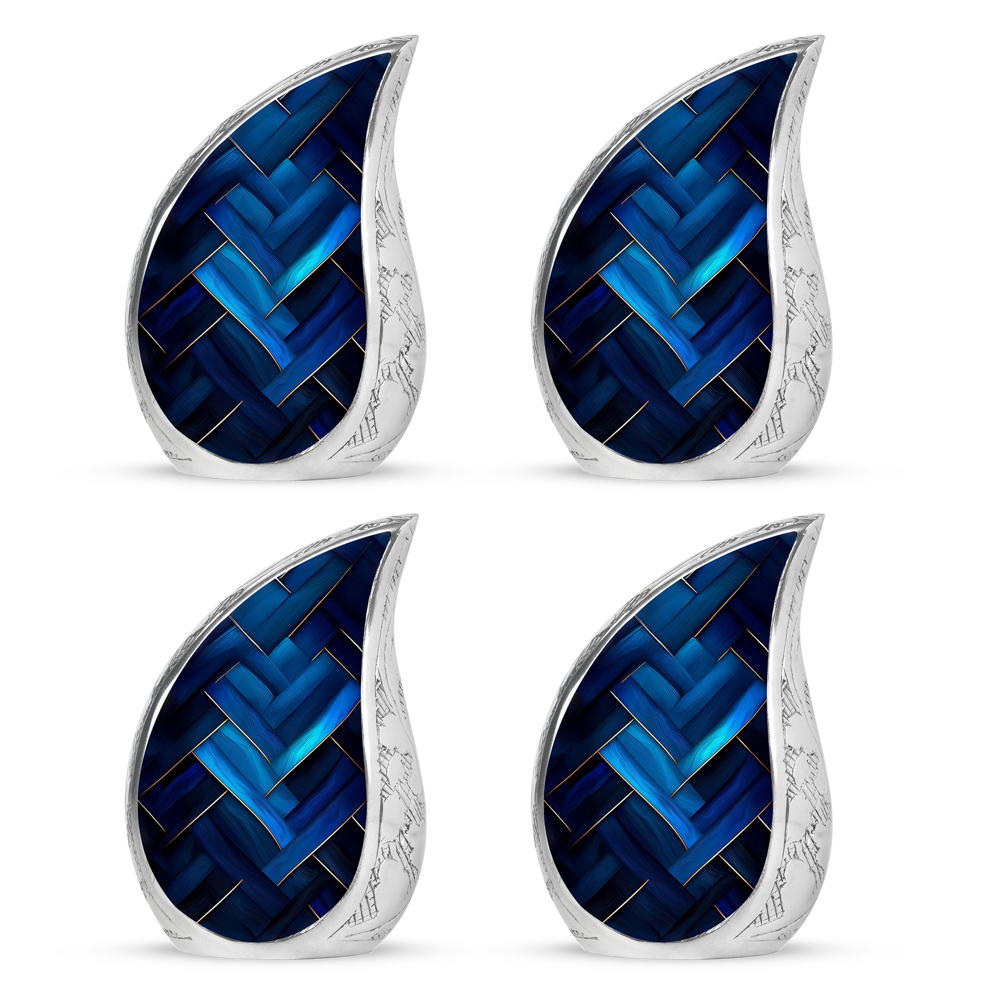 Royal Blue Blue Cremation Urn close-up of engraving and surface detail - graceful tear-shaped urn with blue motif - 10 inch aluminum urn for cremated remains