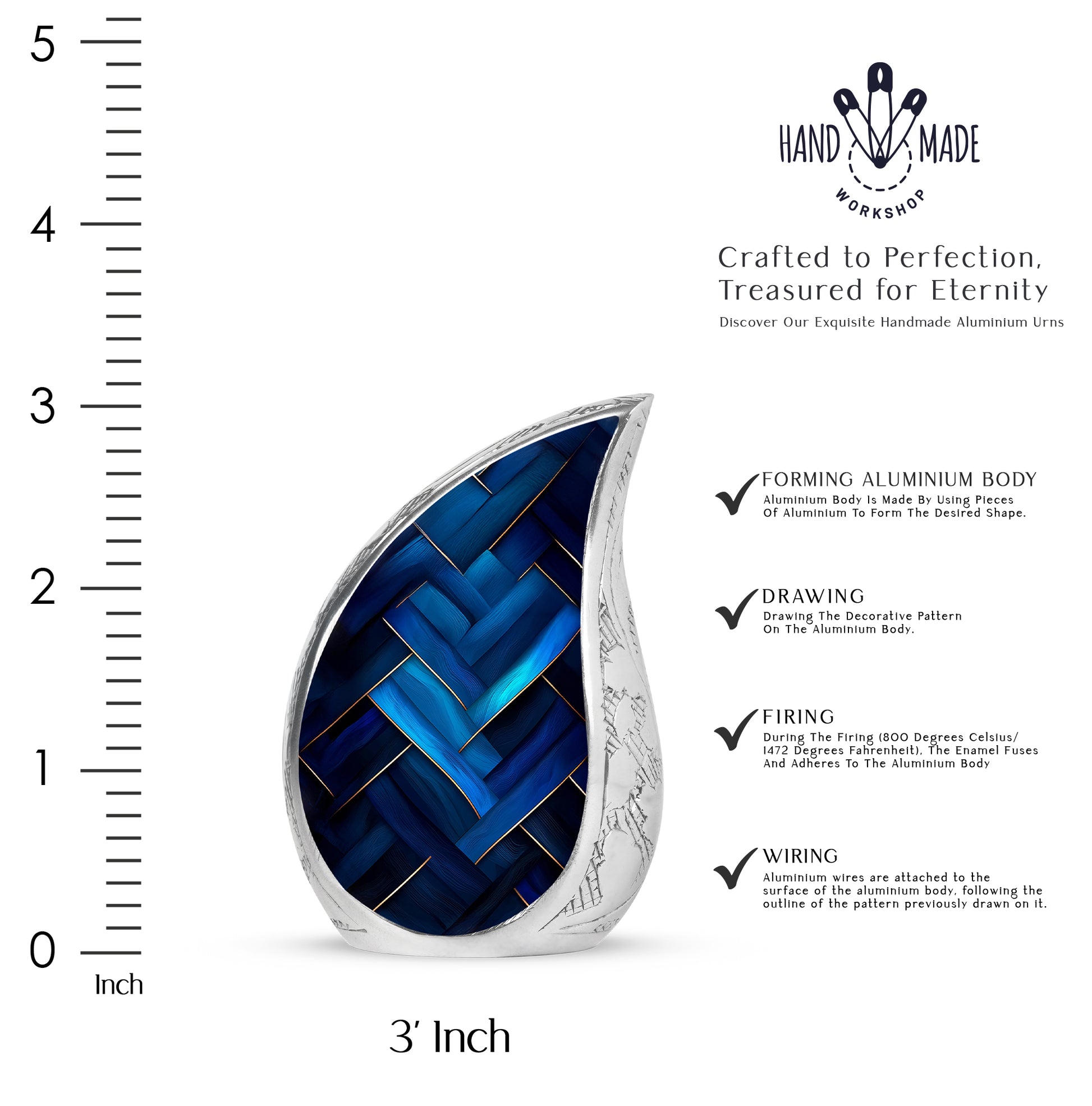 Dusty Blue Blue Cremation Urn angled view of lid and engraved motif - rounded teardrop blue design with delicate detail - mini keepsake memorial for portion of cremation ashes