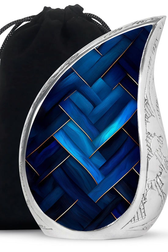 Bright Blue Blue Cremation Urn front view showing detailed design - graceful tear-shaped urn with blue motif - full-size 10 inch 200 cubic inch adult cremation urn