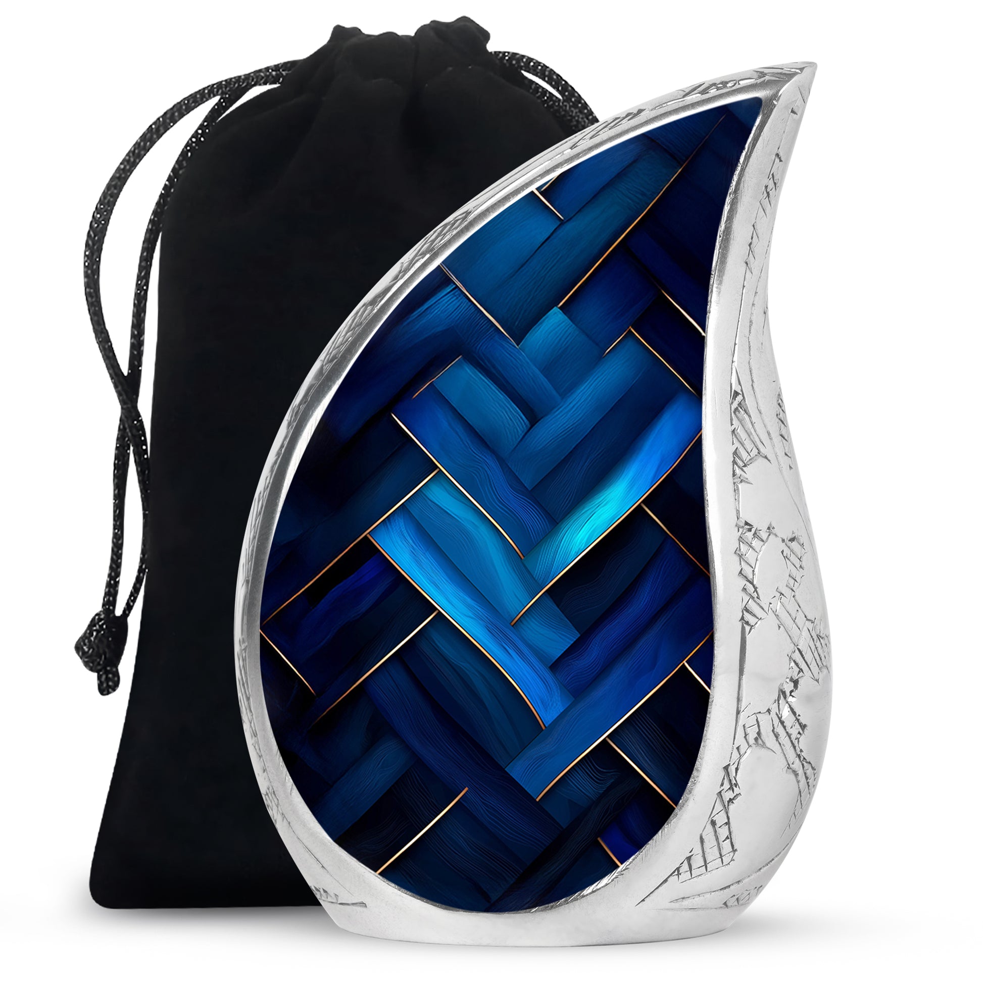 Bright Blue Blue Cremation Urn front view showing detailed design - graceful tear-shaped urn with blue motif - full-size 10 inch 200 cubic inch adult cremation urn