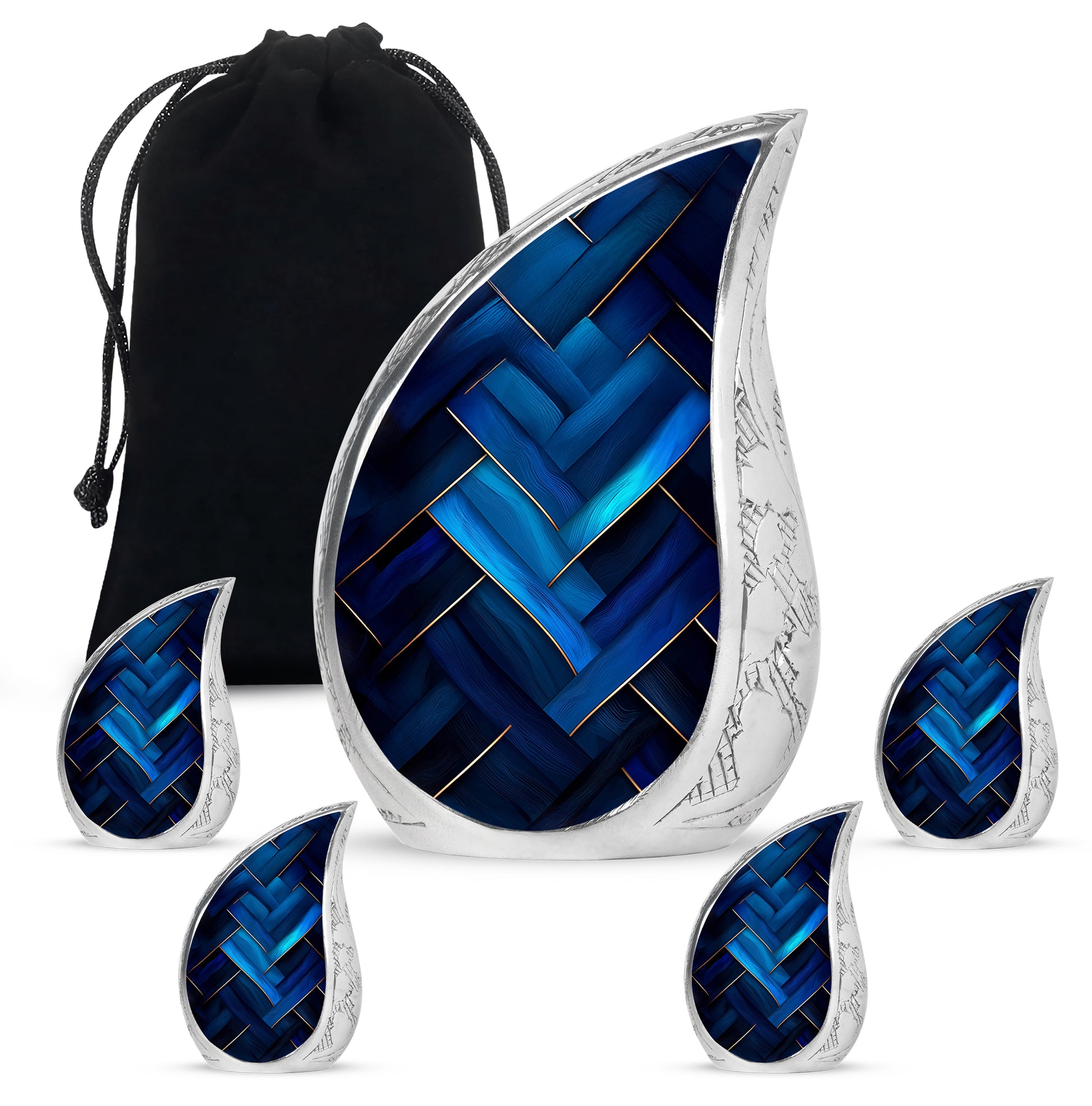 Azure Blue Cremation Urn side profile showing urn shape - rounded teardrop blue design with delicate detail - memorial set with one large and four small urns