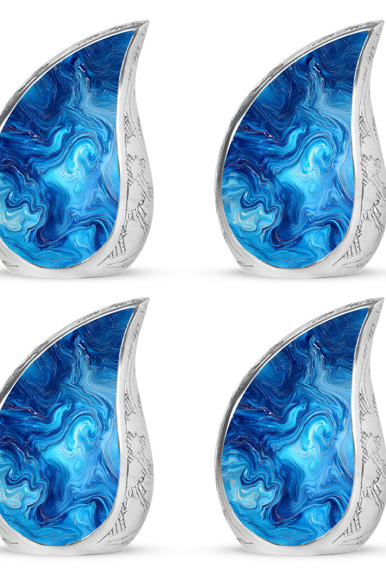 Deep Teal Blue Cremation Urn close-up of engraving and surface detail - smooth teardrop contour featuring blue art - 10 inch aluminum urn for cremated remains