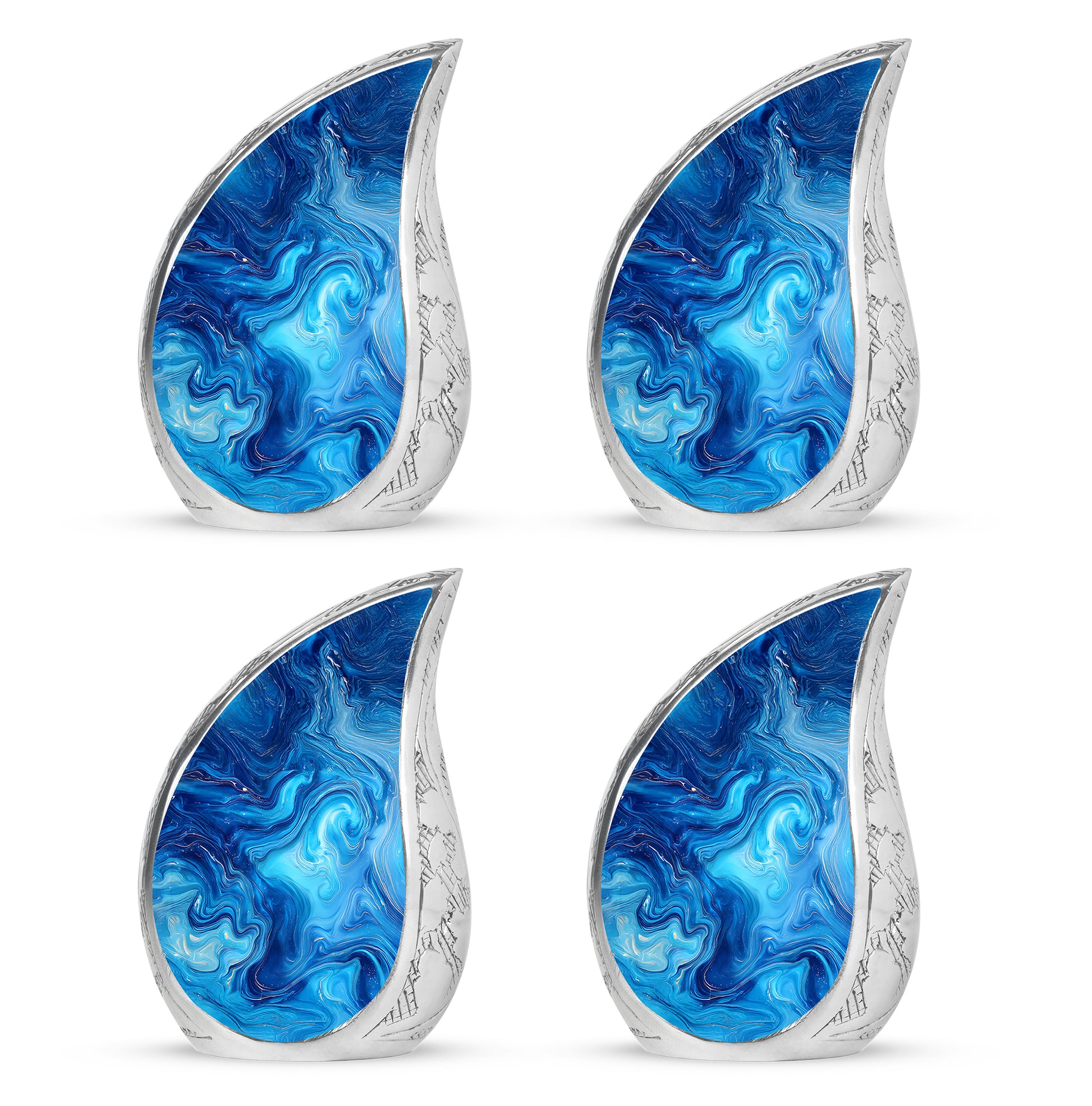 Deep Teal Blue Cremation Urn close-up of engraving and surface detail - smooth teardrop contour featuring blue art - 10 inch aluminum urn for cremated remains