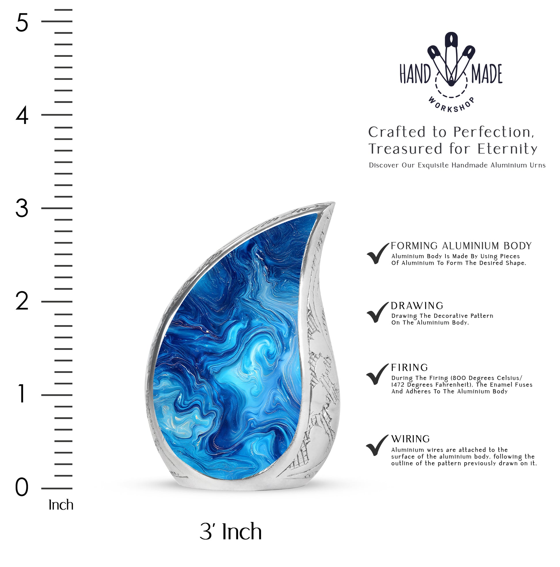 Sea Green Teal Blue Cremation Urn angled view of lid and engraved motif - rounded teardrop blue design with delicate detail - mini keepsake memorial for portion of cremation ashes