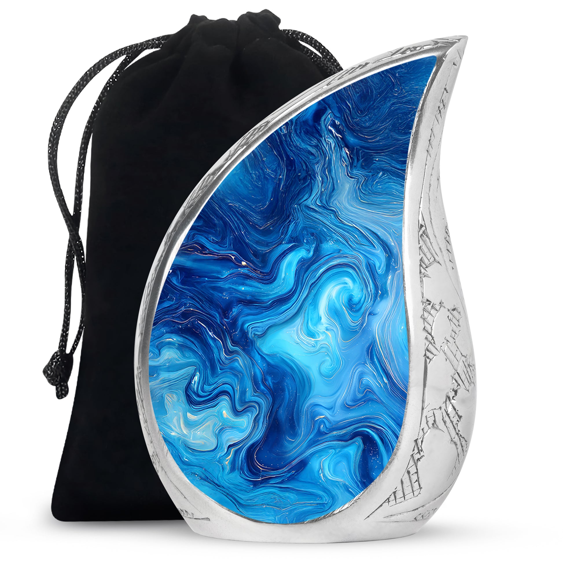 Sea Green Teal Blue Cremation Urn front view showing detailed design - flowing teardrop blue silhouette on curved aluminum - full-size 10 inch 200 cubic inch adult cremation urn