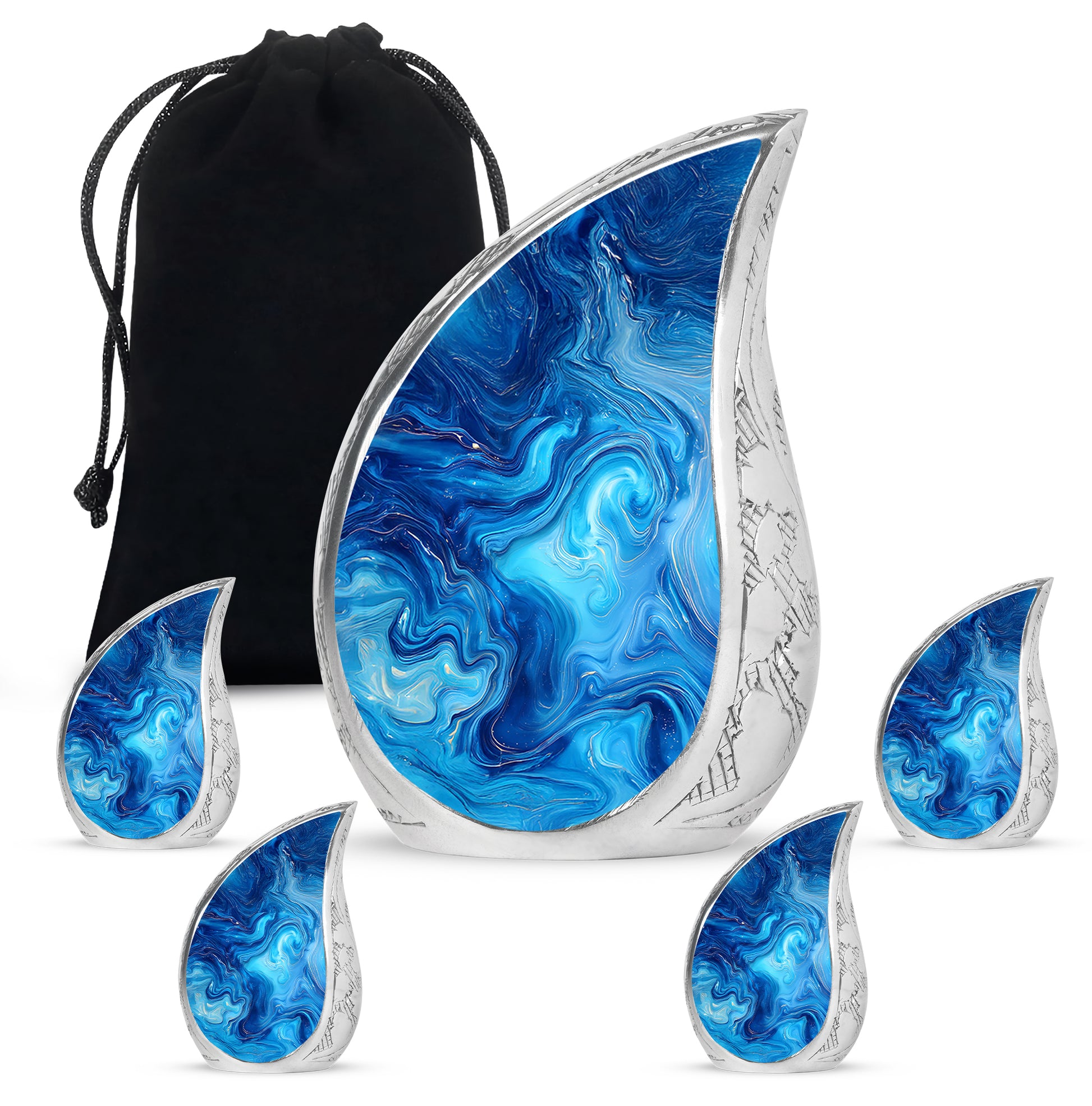 Vivid Teal Blue Cremation Urn side profile showing urn shape - graceful tear-shaped urn with blue motif - memorial set with one large and four small urns