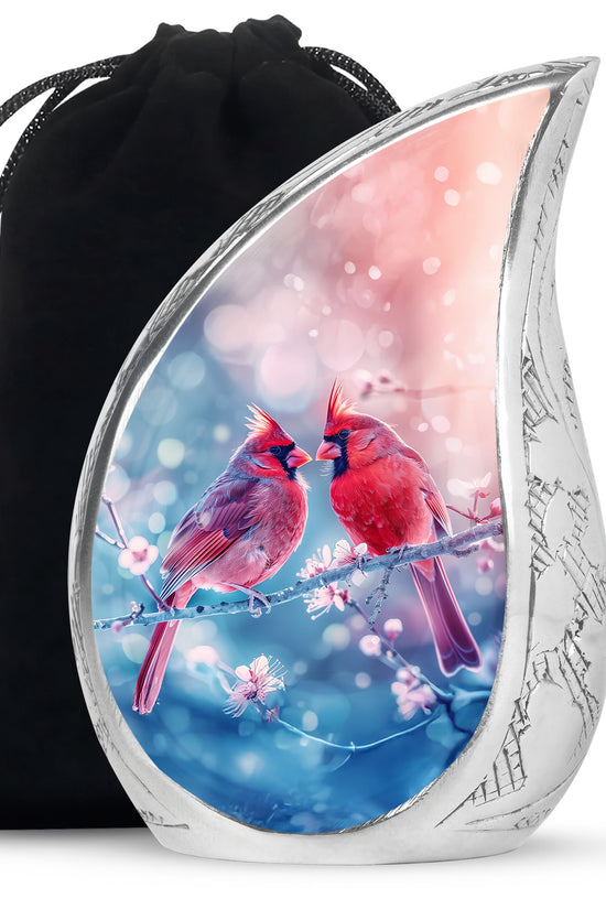 Cardinal Bird Pair Urn For Couples - Cherry Blossoms Memorial Urn