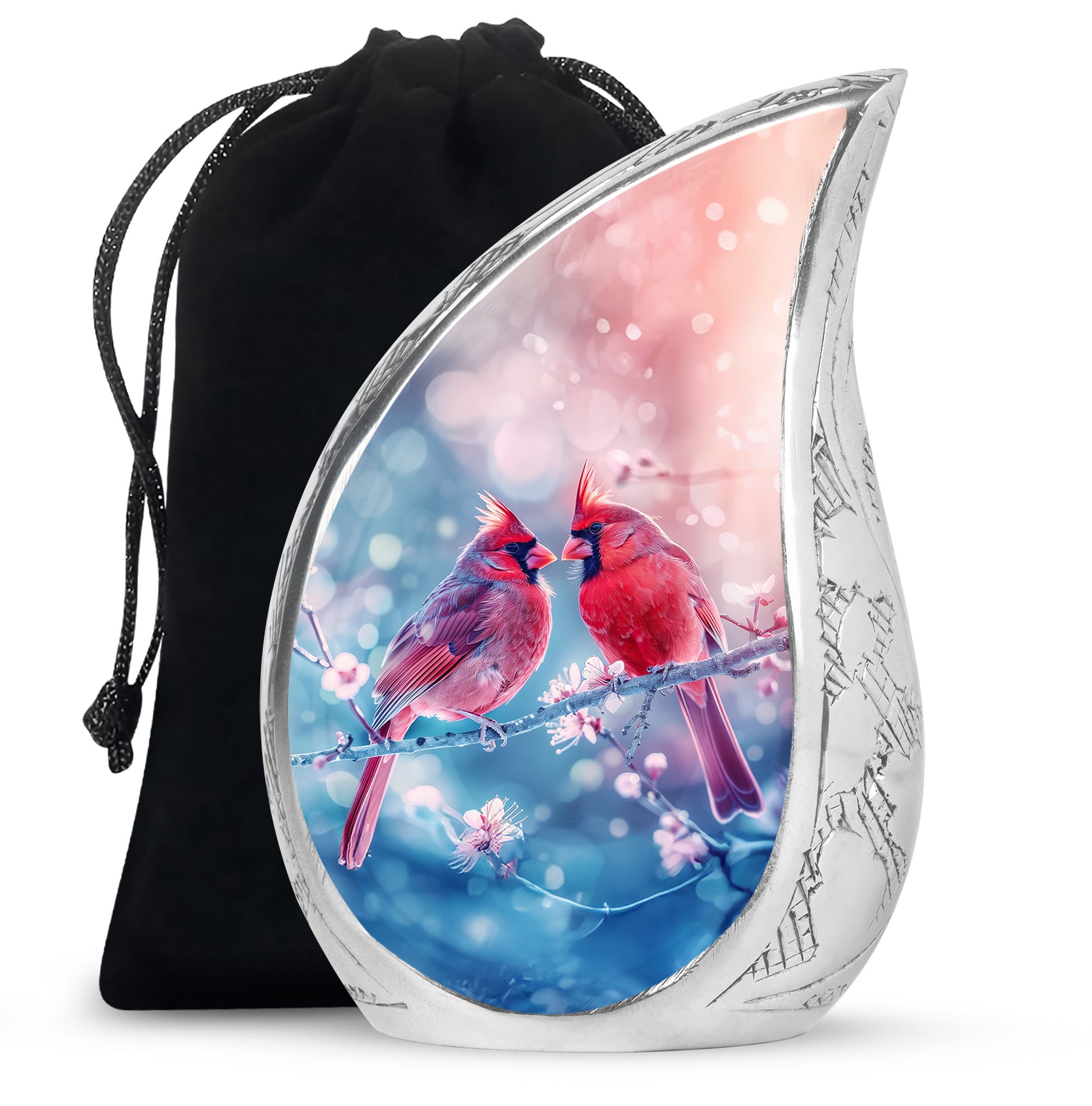 Cardinal Bird Pair Urn For Couples - Cherry Blossoms Memorial Urn