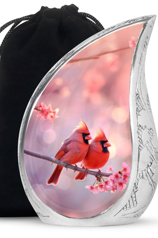 Red Cardinal Bird Pair Urn For Women - Pink Blossoms Urn For Funeral