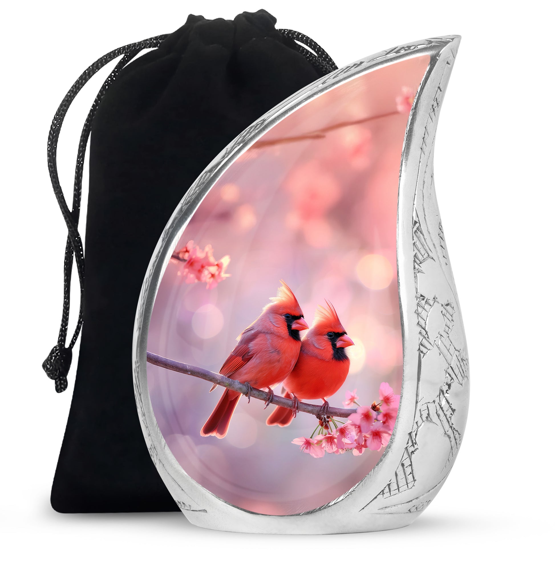 Red Cardinal Bird Pair Urn For Women - Pink Blossoms Urn For Funeral