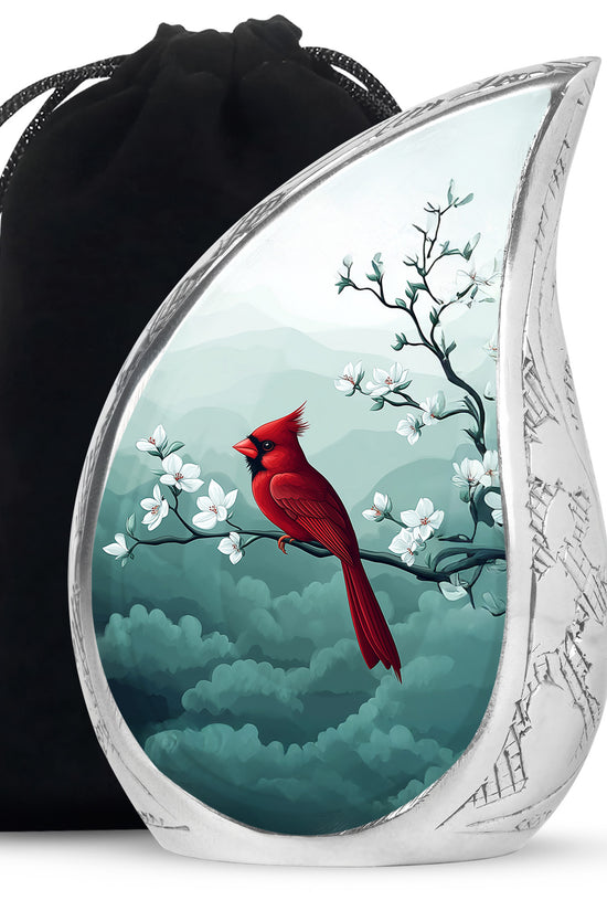 Cardinal Bird Memorial Urn - White Cherry Blossom Urn For Male & Female