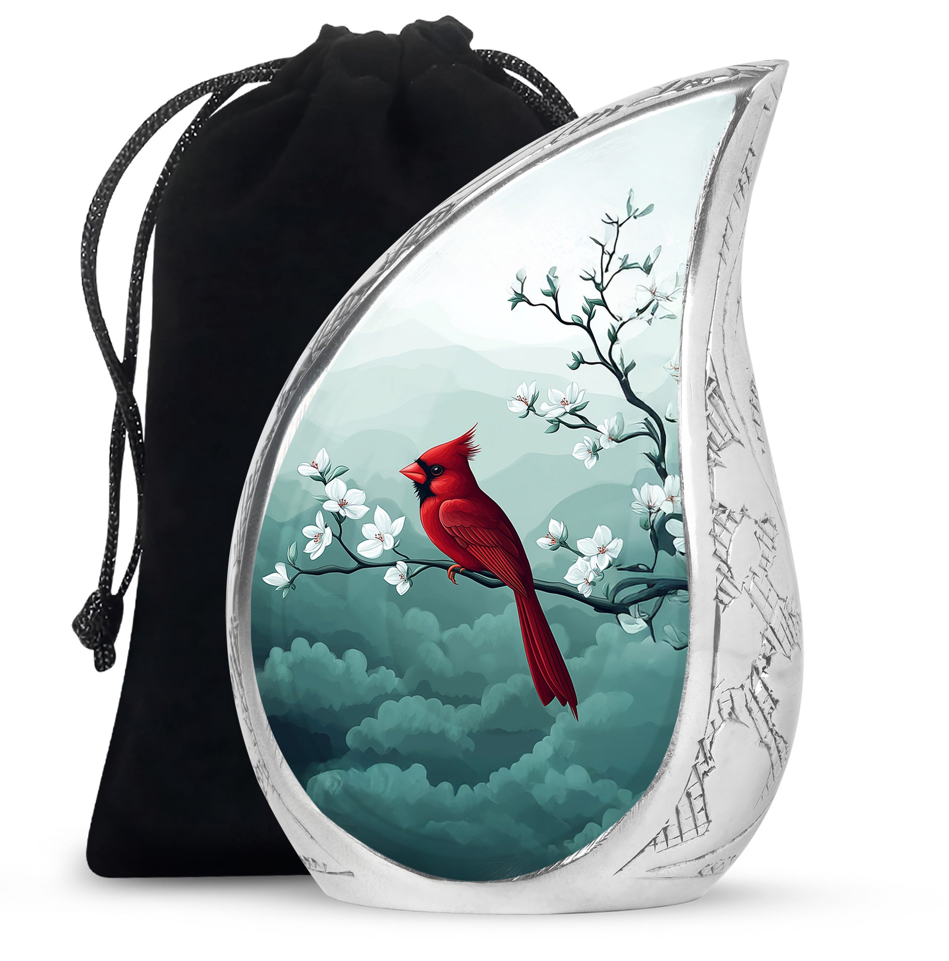 Cardinal Bird Memorial Urn - White Cherry Blossom Urn For Male & Female