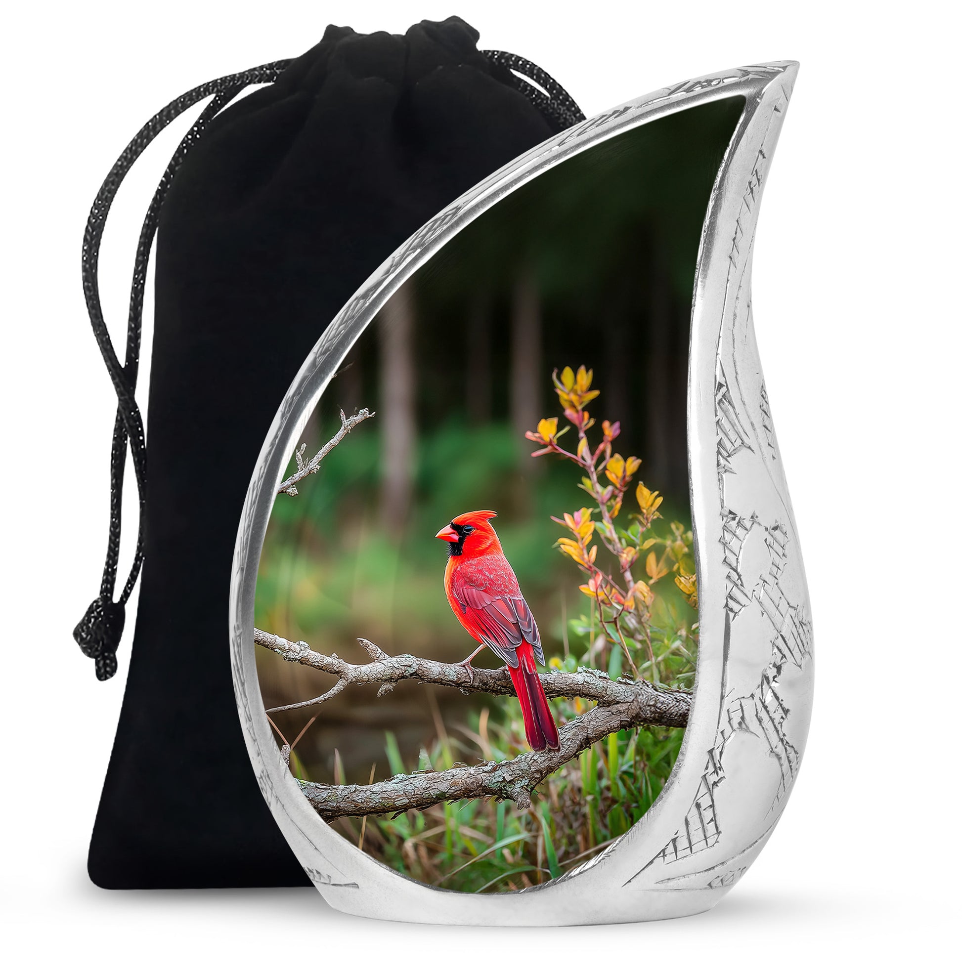 Forest Cardinal Funeral Urn - Green Aluminum Cremation Urn For Loved Ones