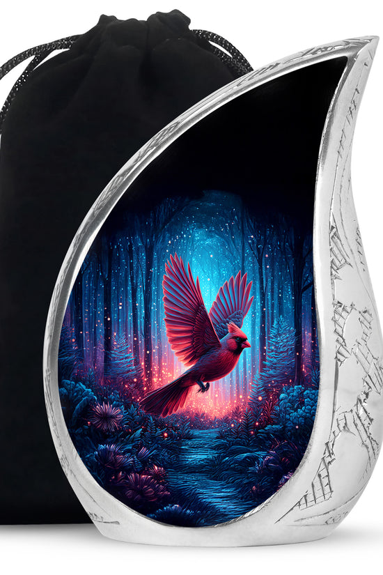 Forest Cardinal Bird Theme Funeral Urn - Black Large Aluminium Urn For Ashes